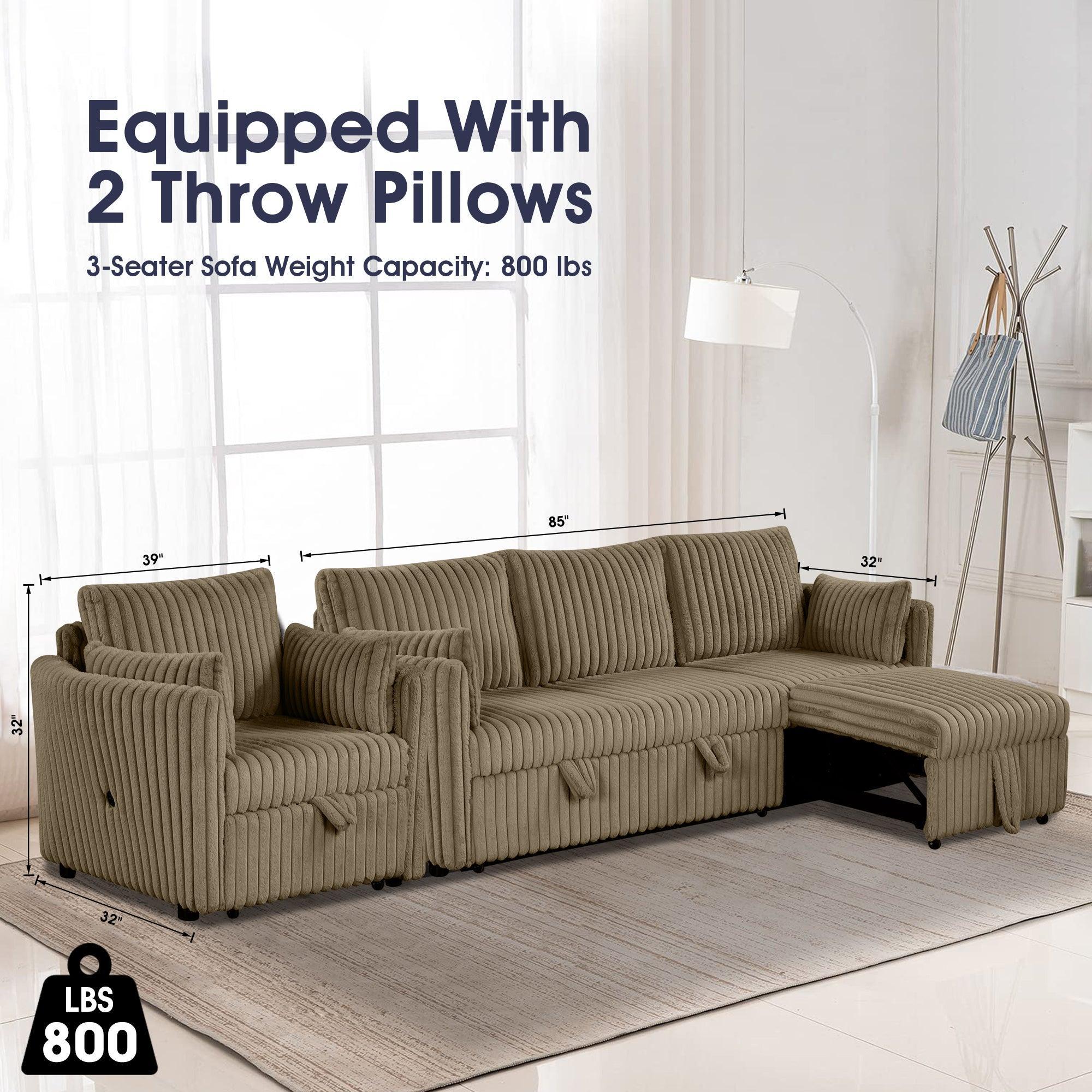 Brown Faux Fur Oversized Convertible Sleeper Sectional Sofa with Pull-Out Chair and USB Ports