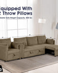 Brown Faux Fur Oversized Convertible Sleeper Sectional Sofa with Pull-Out Chair and USB Ports