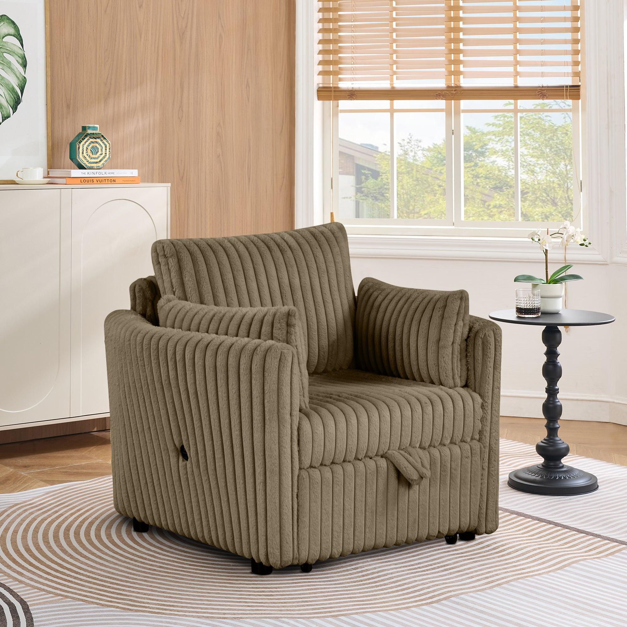 Brown Faux Fur Oversized Convertible Sleeper Sectional Sofa with Pull-Out Chair and USB Ports
