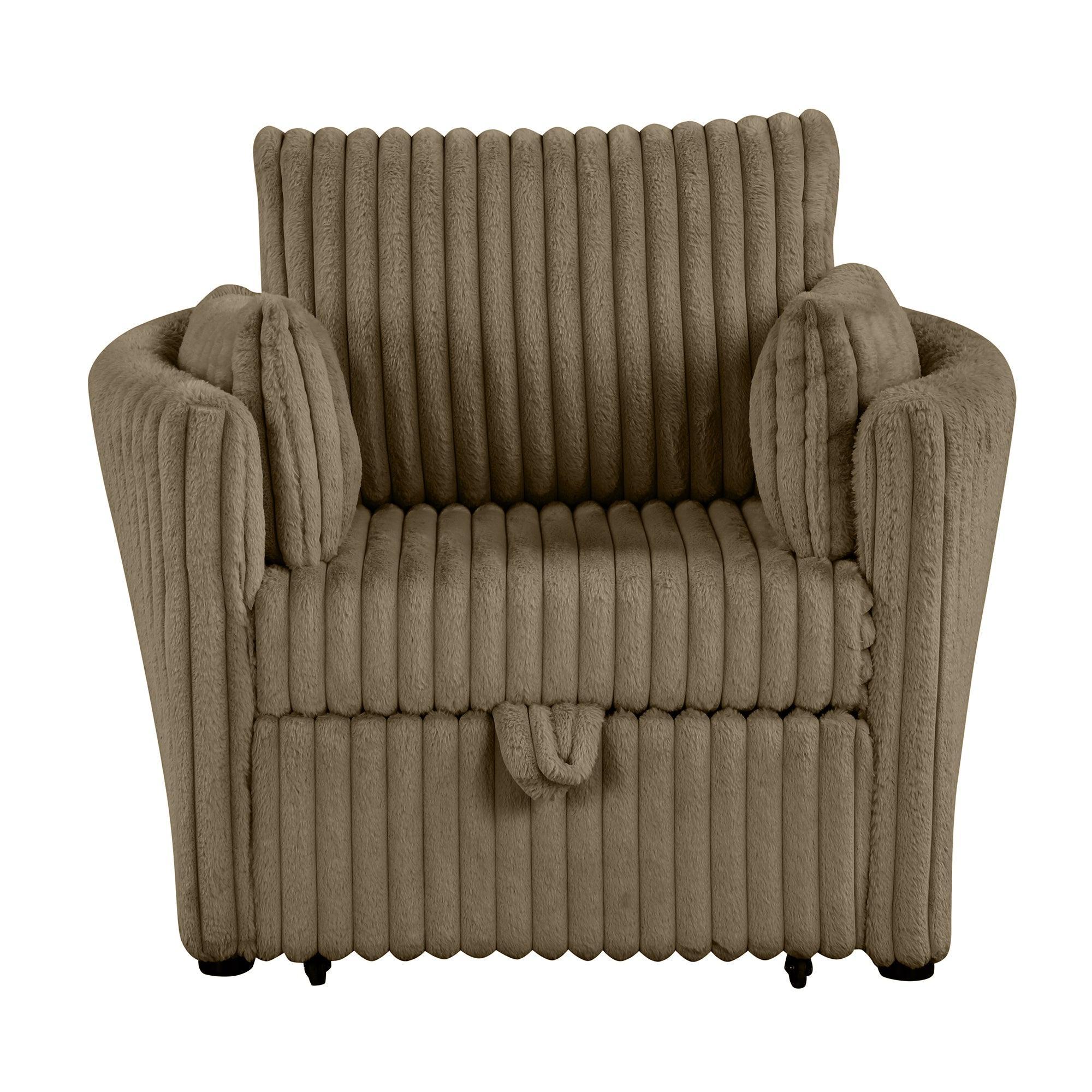 Brown Faux Fur Oversized Convertible Sleeper Sectional Sofa with Pull-Out Chair and USB Ports