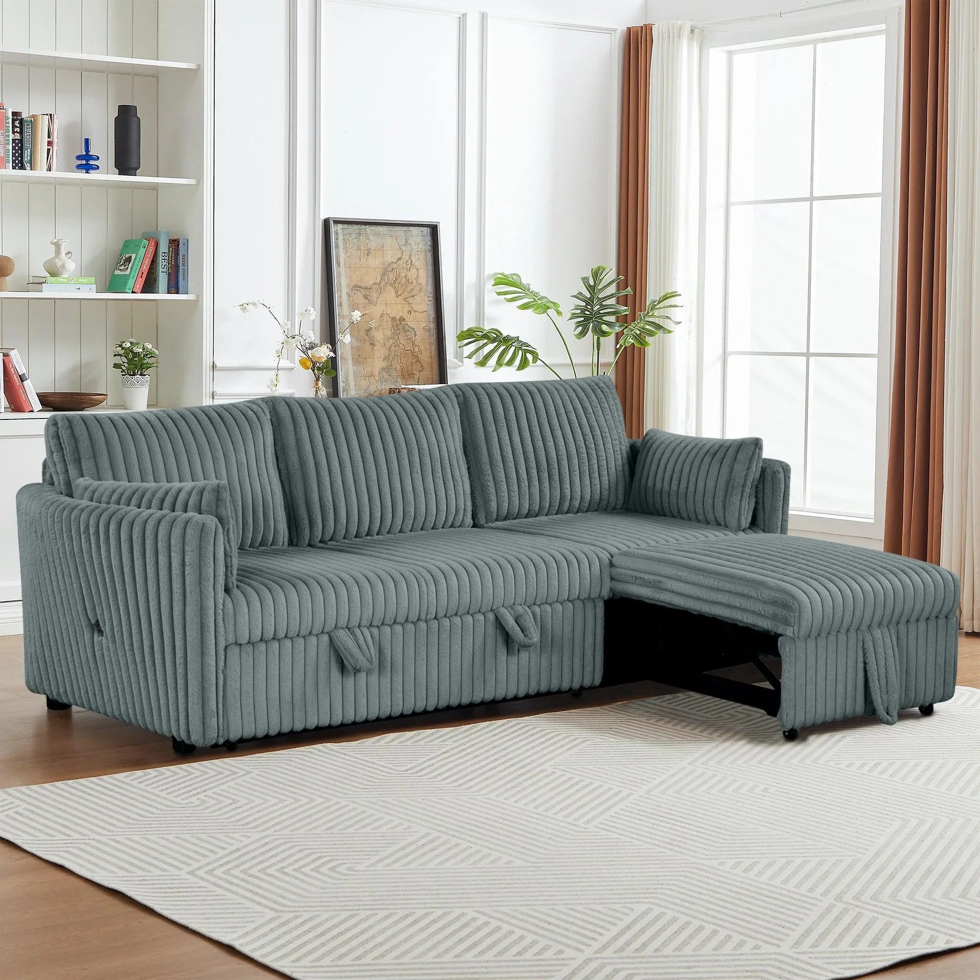 Oversized Faux Fur Sleeper Sectional with Pull-Out Chair and USB Charging