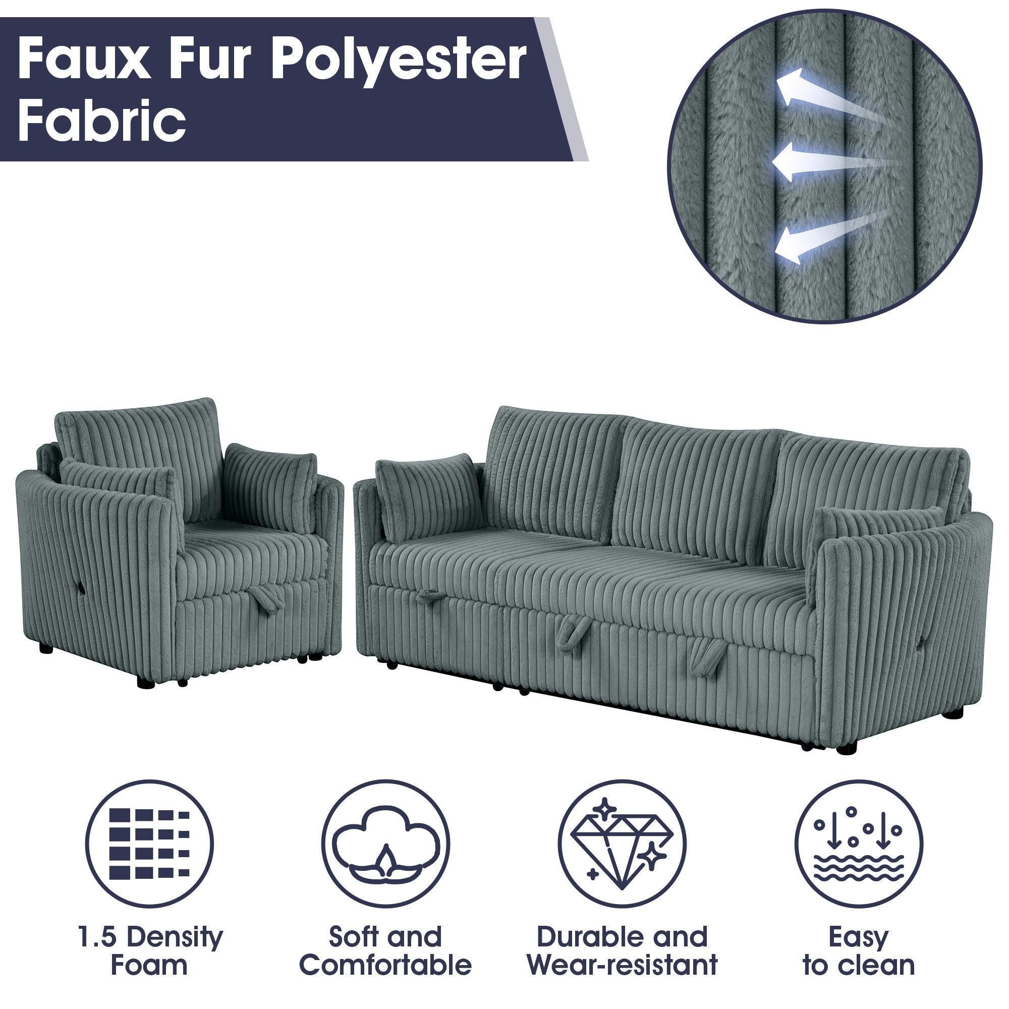 Oversized Faux Fur Sleeper Sectional with Pull-Out Chair and USB Charging