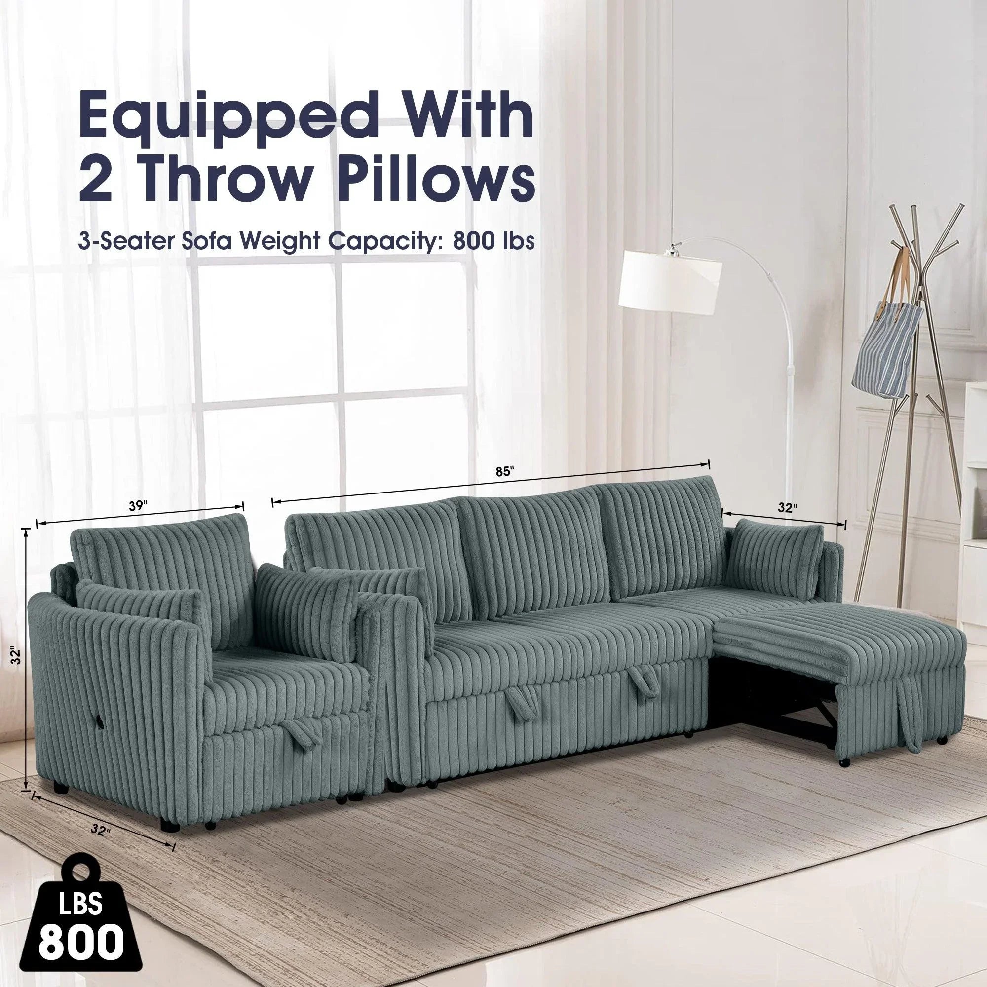 Oversized Faux Fur Sleeper Sectional with Pull-Out Chair and USB Charging