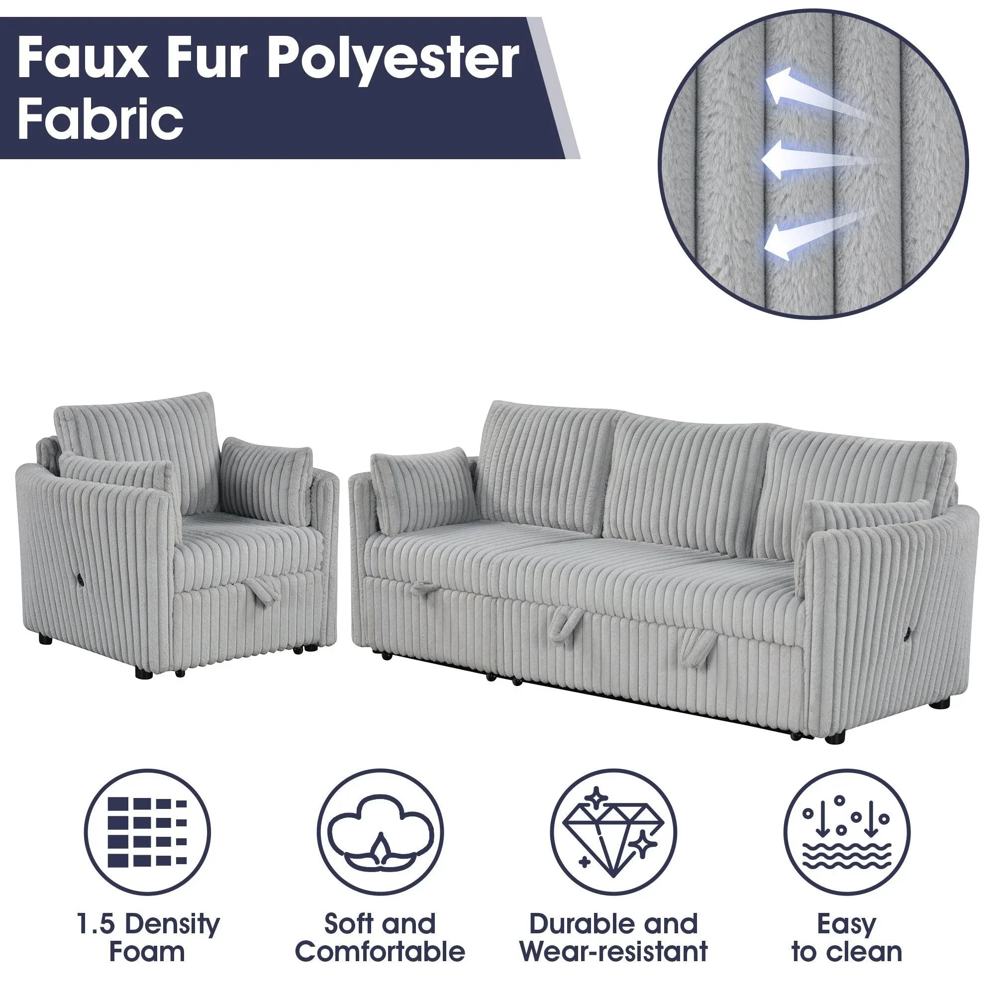 Oversized Faux Fur Sleeper Sectional with Pull-Out Chair and USB Charging
