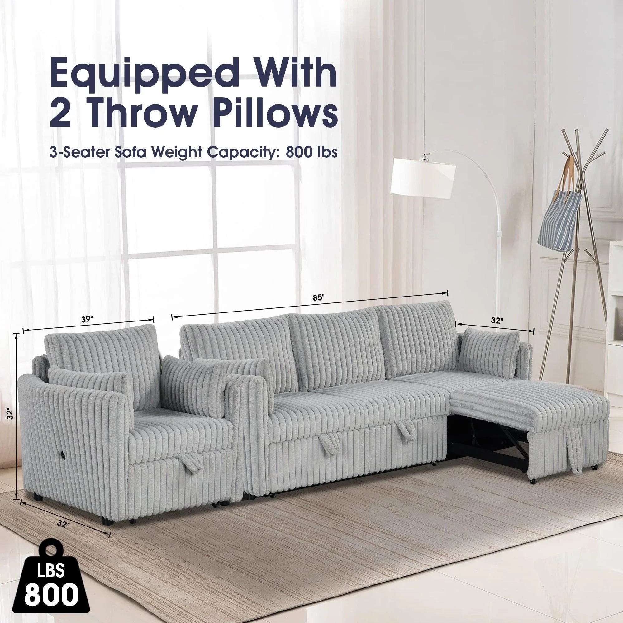 Oversized Faux Fur Sleeper Sectional with Pull-Out Chair and USB Charging