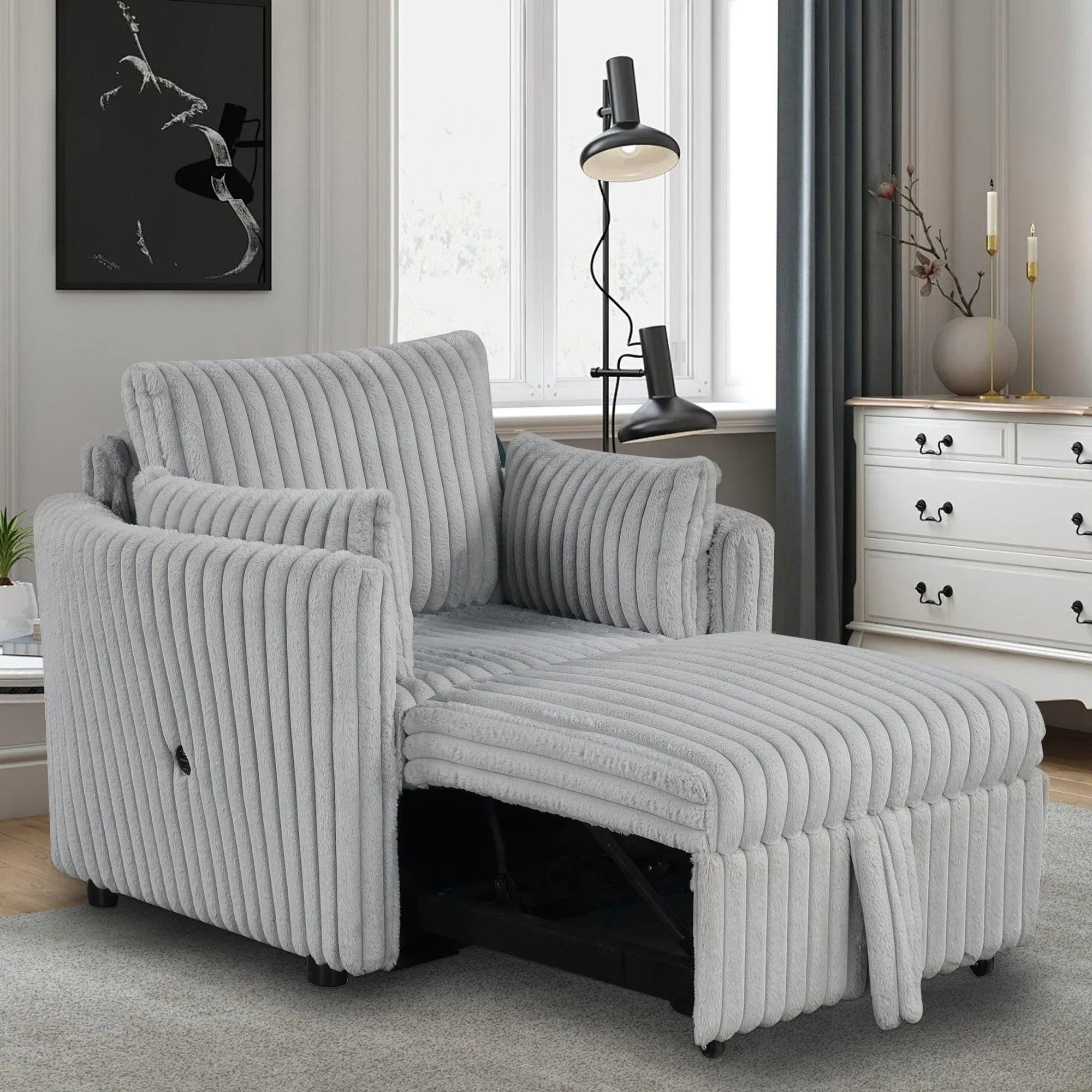 Oversized Faux Fur Sleeper Sectional with Pull-Out Chair and USB Charging