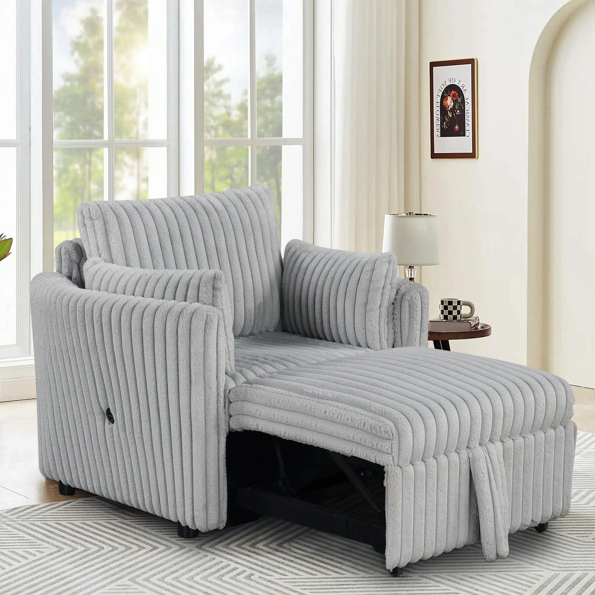 Oversized Faux Fur Sleeper Sectional with Pull-Out Chair and USB Charging