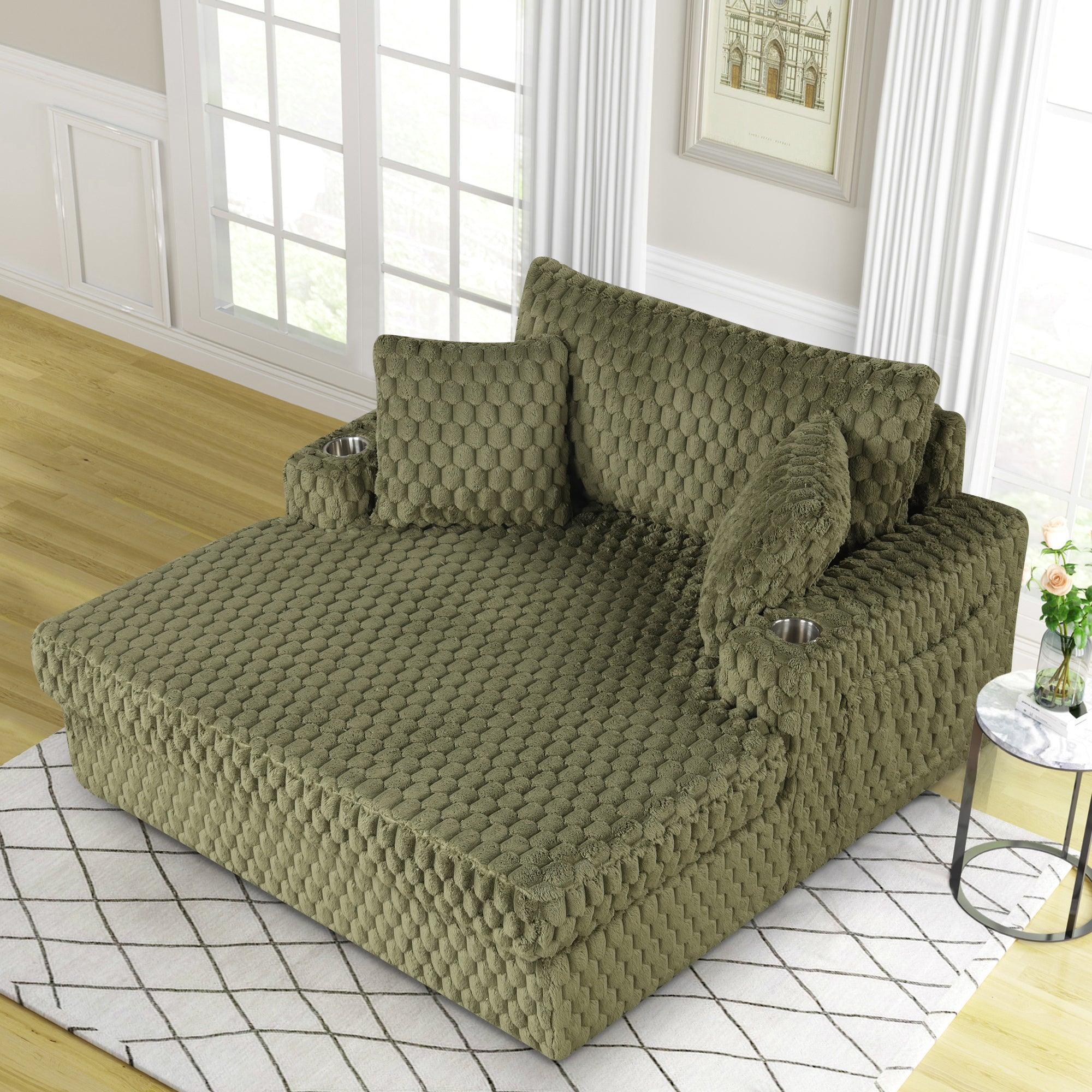54" Upholstered Chaise Lounge Chair with Built-In Cup Holders