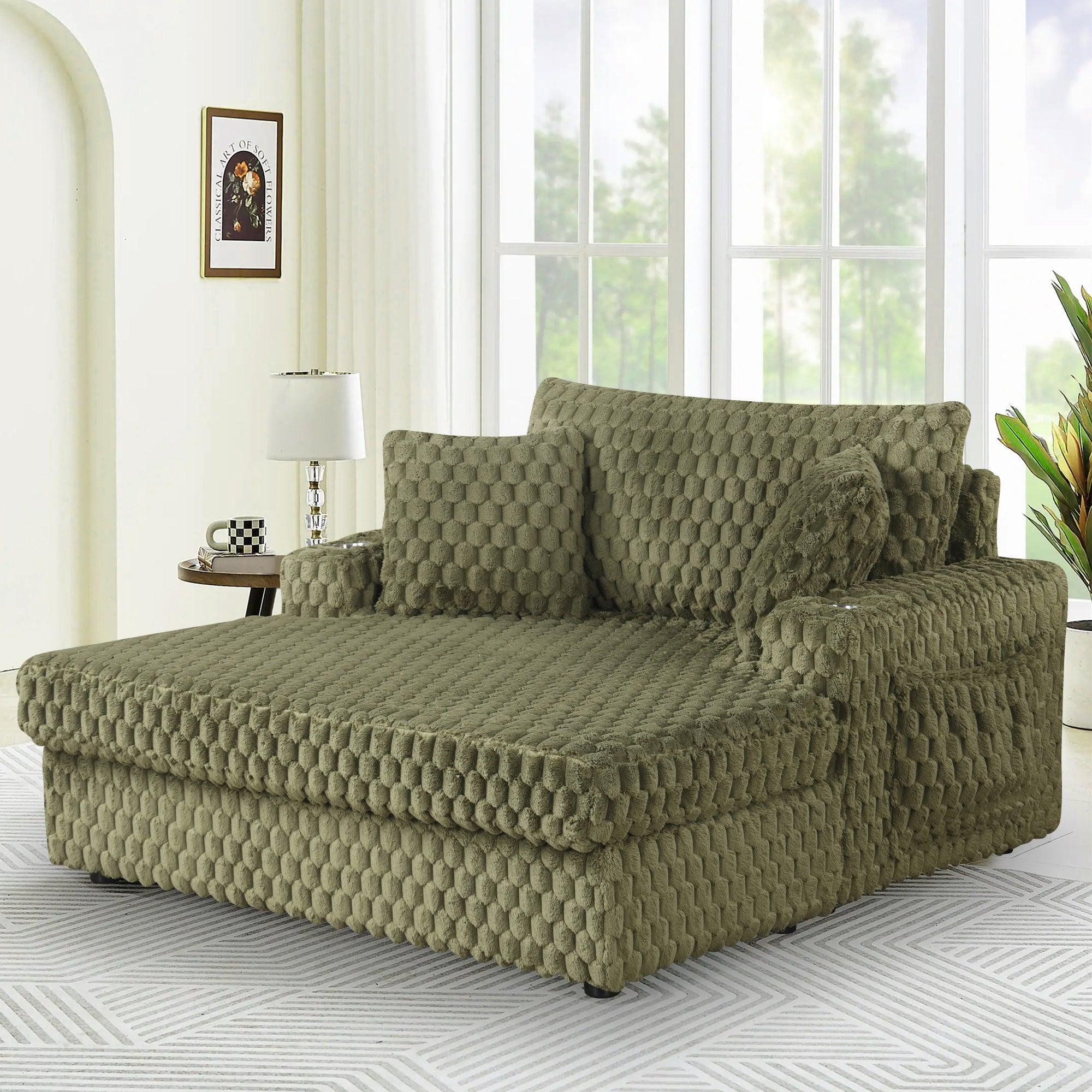 54" Upholstered Chaise Lounge Chair with Built-In Cup Holders