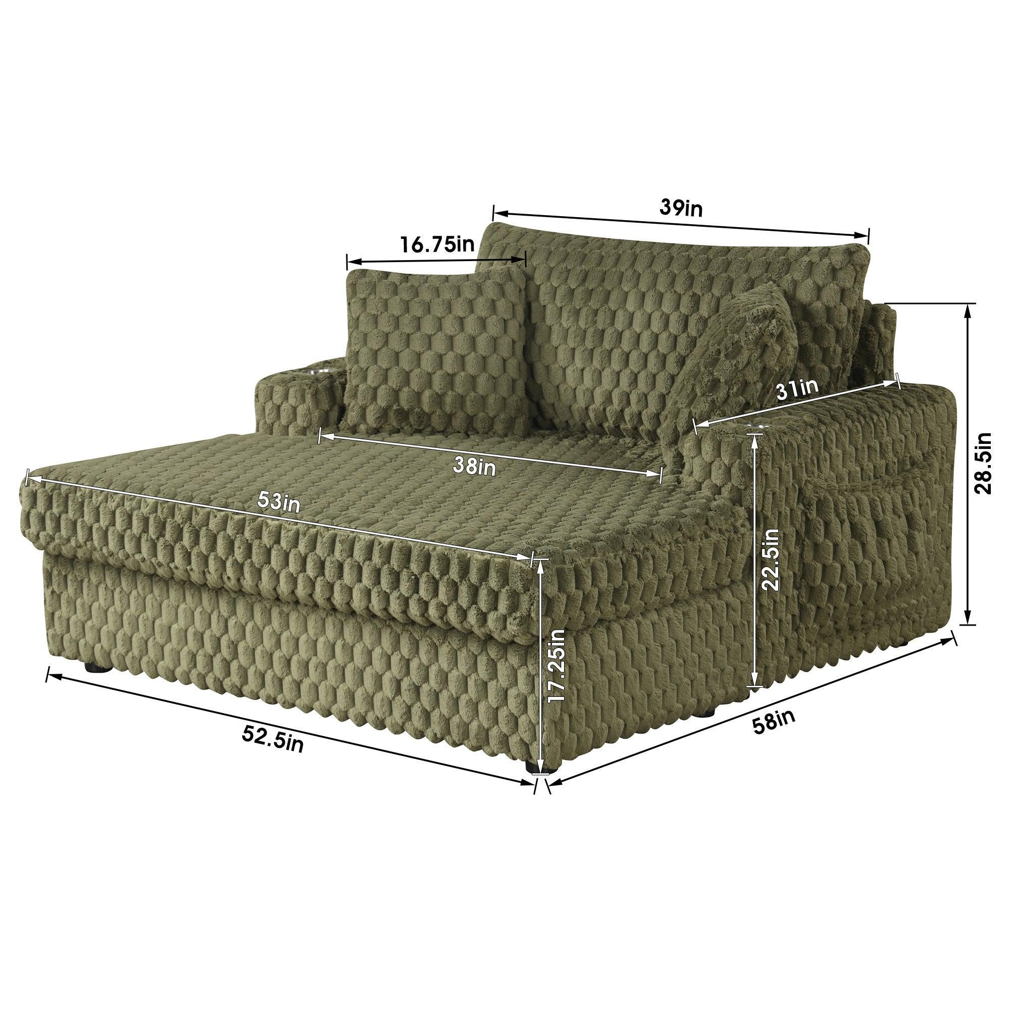 54" Upholstered Chaise Lounge Chair with Built-In Cup Holders