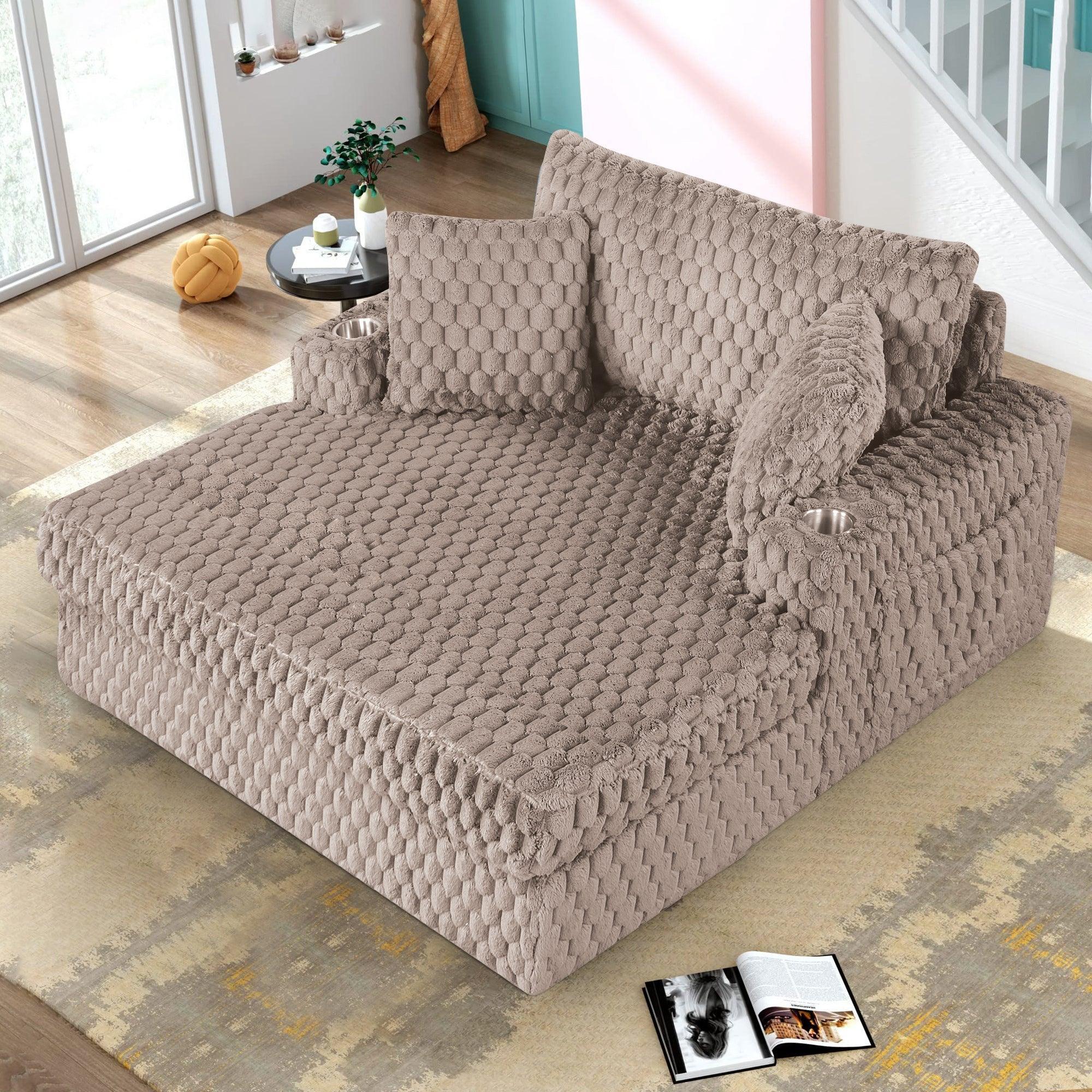 54" Upholstered Chaise Lounge Chair with Built-In Cup Holders