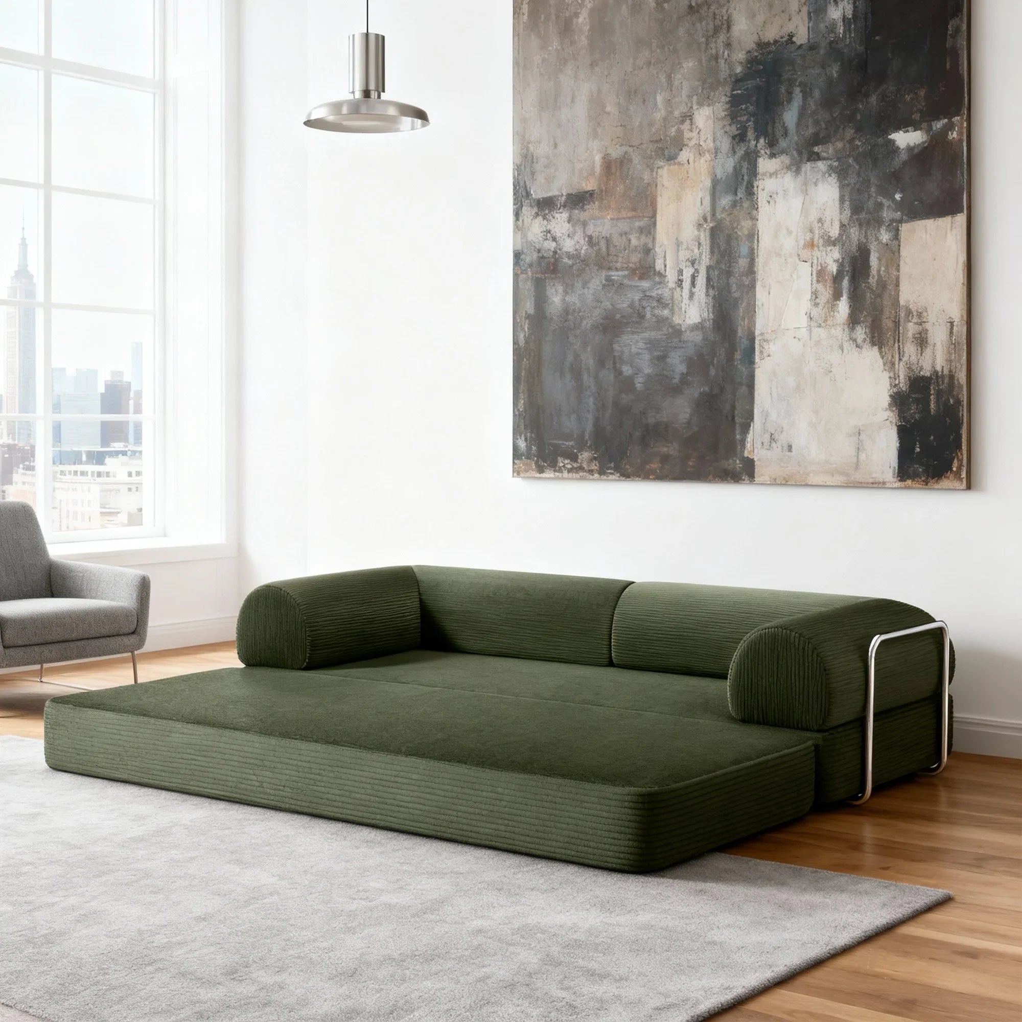 79" Modern Corduroy Sofa Bed with Supportive Lumbar Pillow