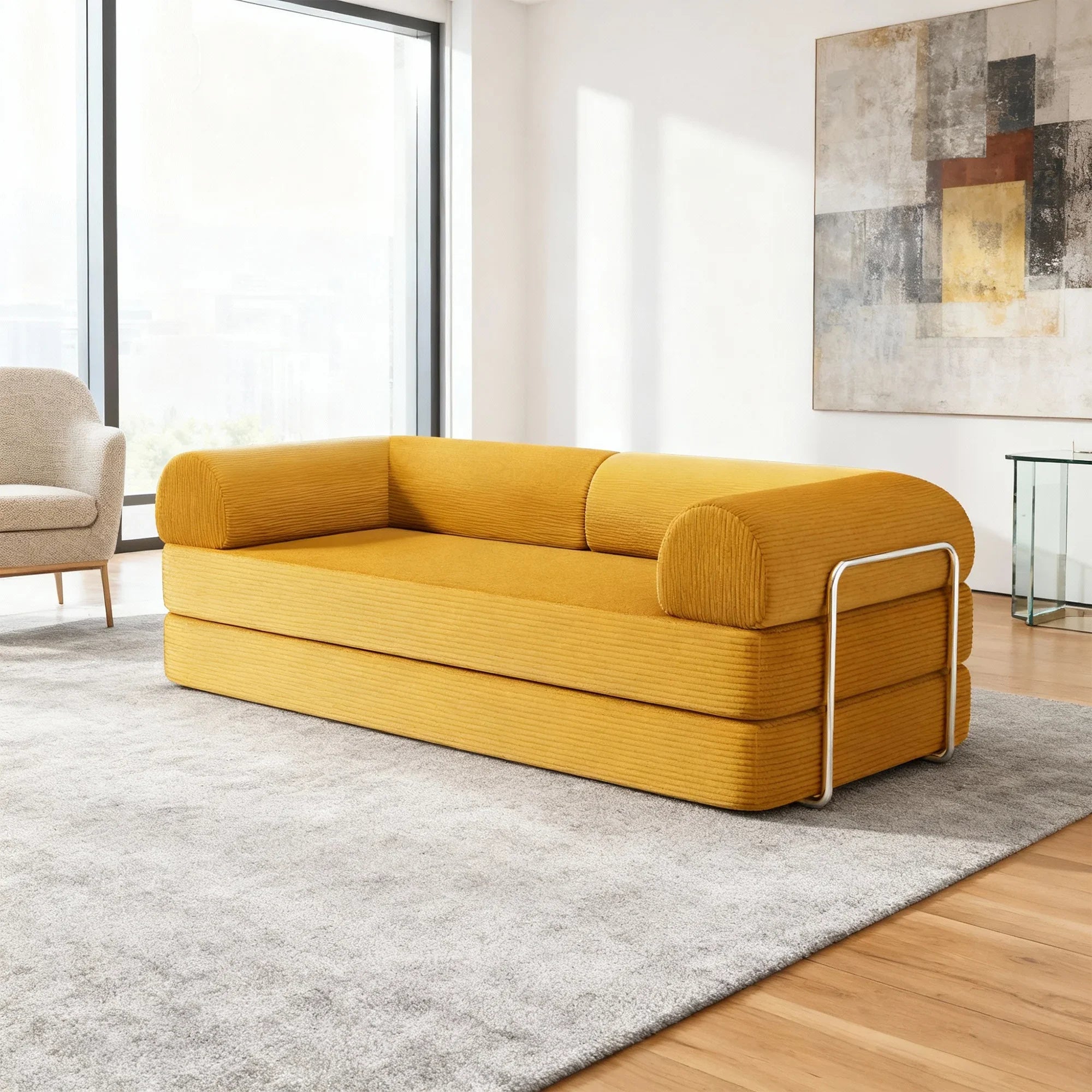 79" Modern Corduroy Sofa Bed with Supportive Lumbar Pillow