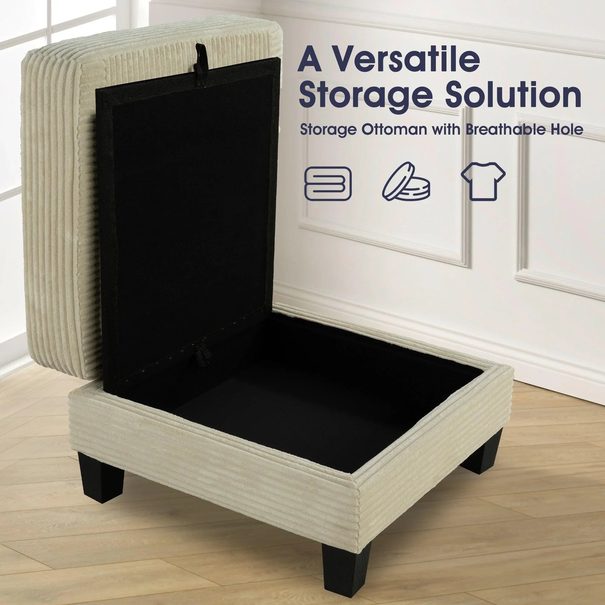 Beige Sofa and Loveseat Set with Storage Ottoman and USB Charging