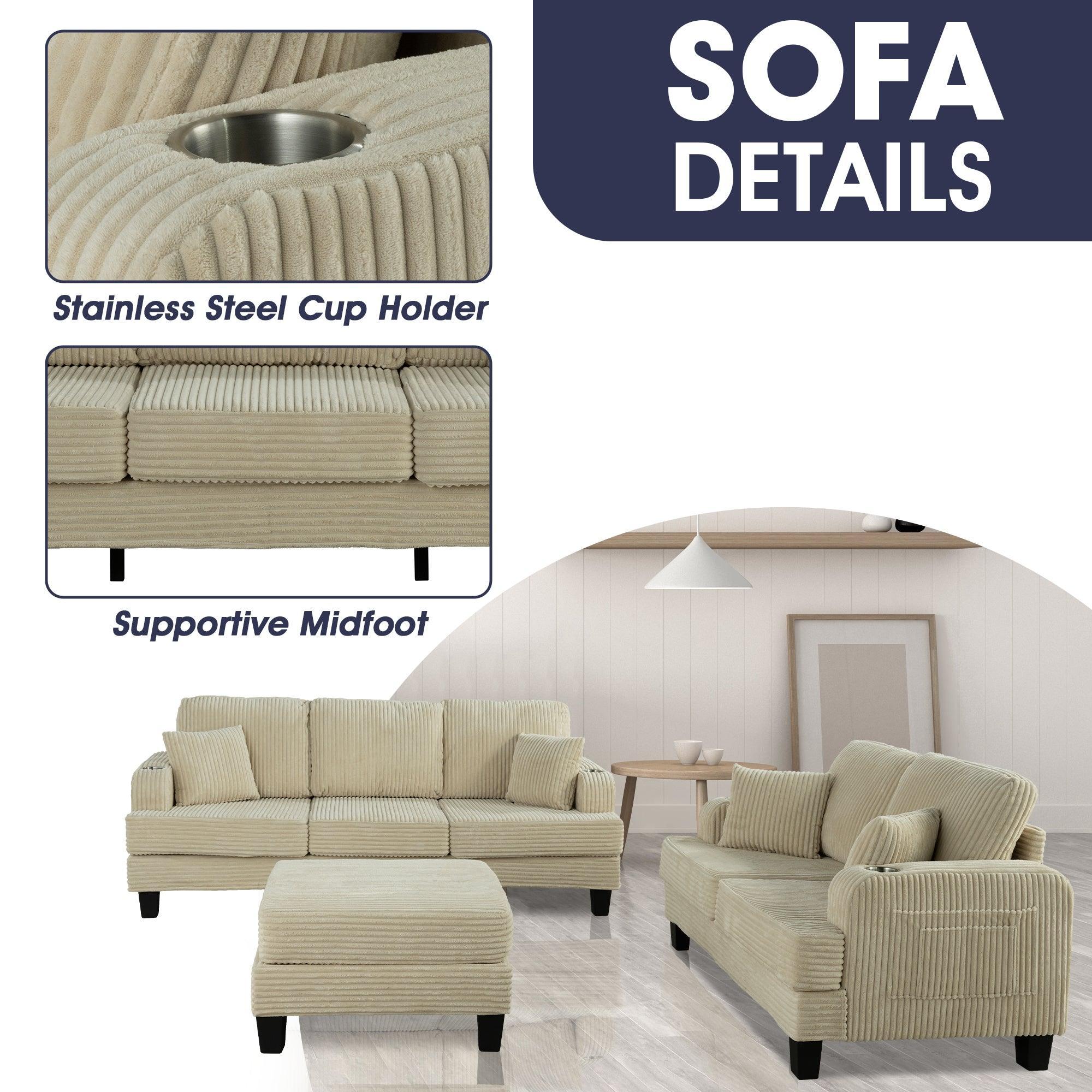 Beige Sofa and Loveseat Set with Storage Ottoman and USB Charging