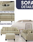 Beige Sofa and Loveseat Set with Storage Ottoman and USB Charging