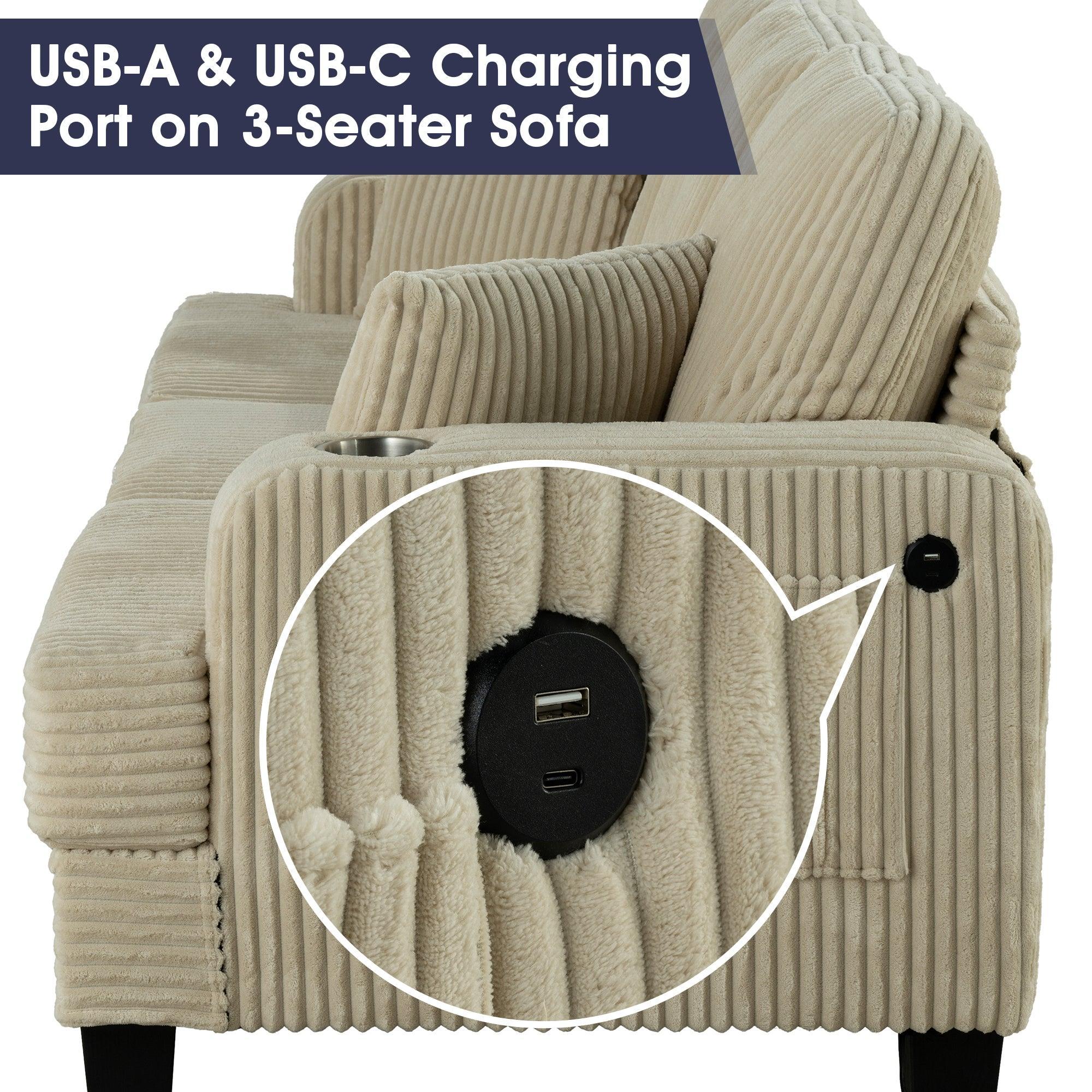 Beige Sofa and Loveseat Set with Storage Ottoman and USB Charging