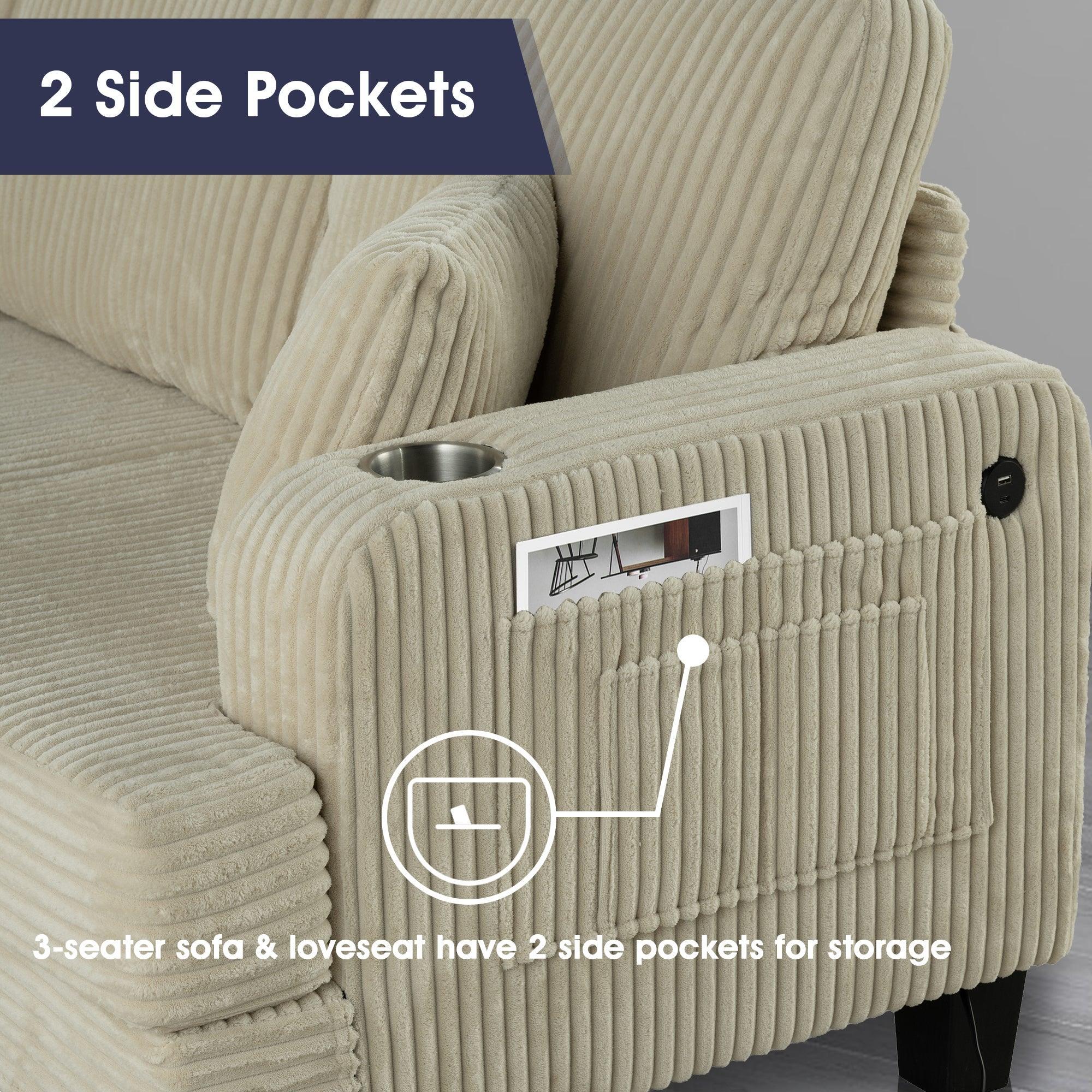 Beige Sofa and Loveseat Set with Storage Ottoman and USB Charging
