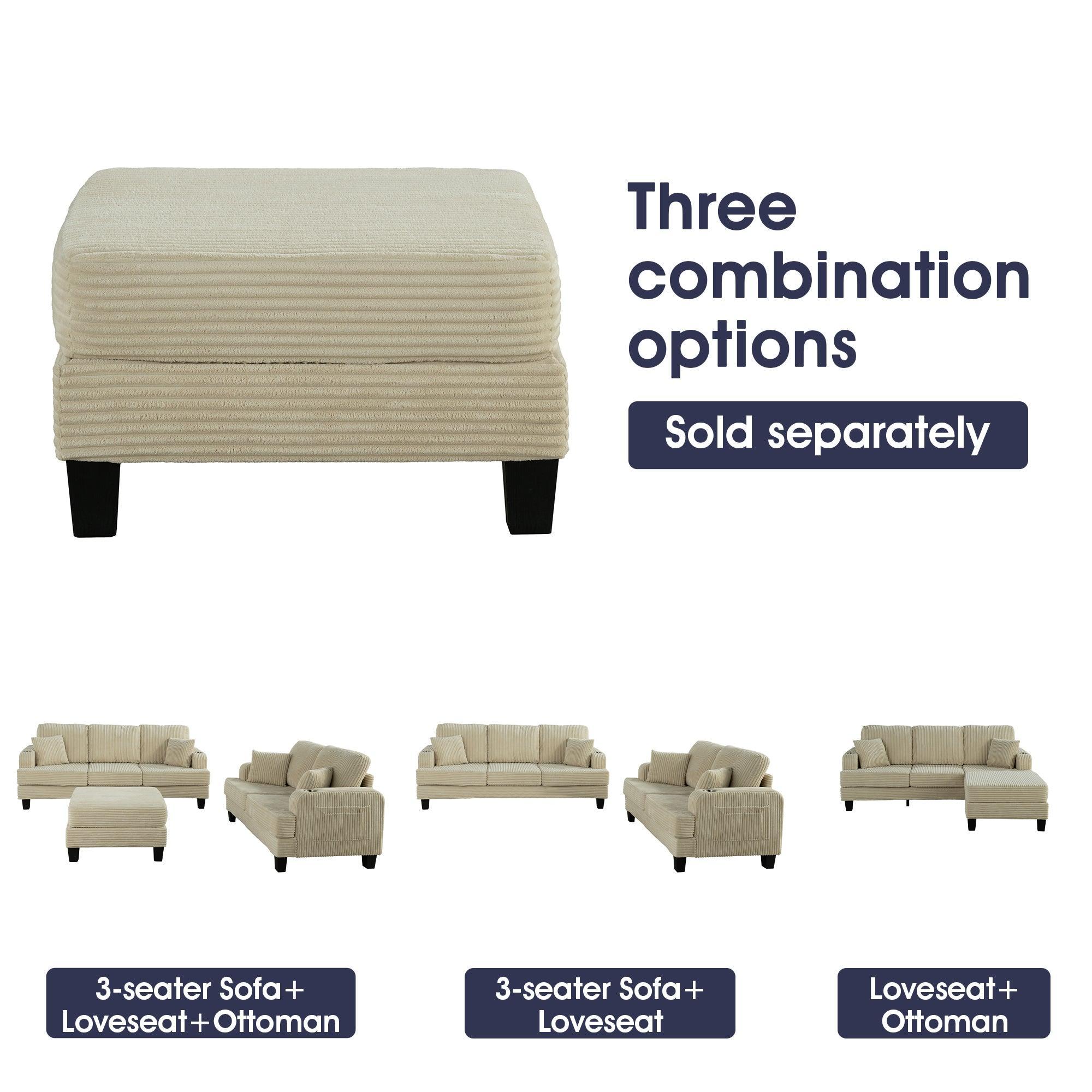 Beige Sofa and Loveseat Set with Storage Ottoman and USB Charging