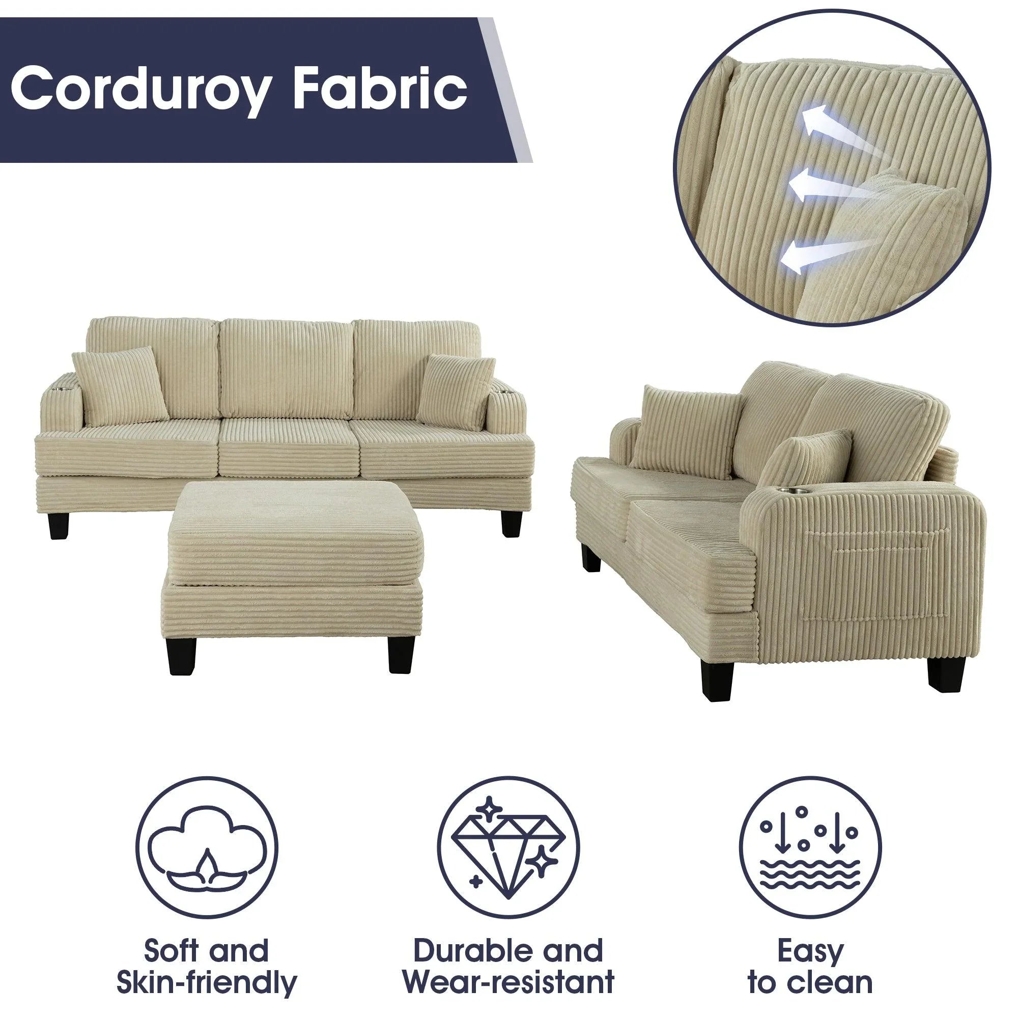 Beige Sofa and Loveseat Set with Storage Ottoman and USB Charging