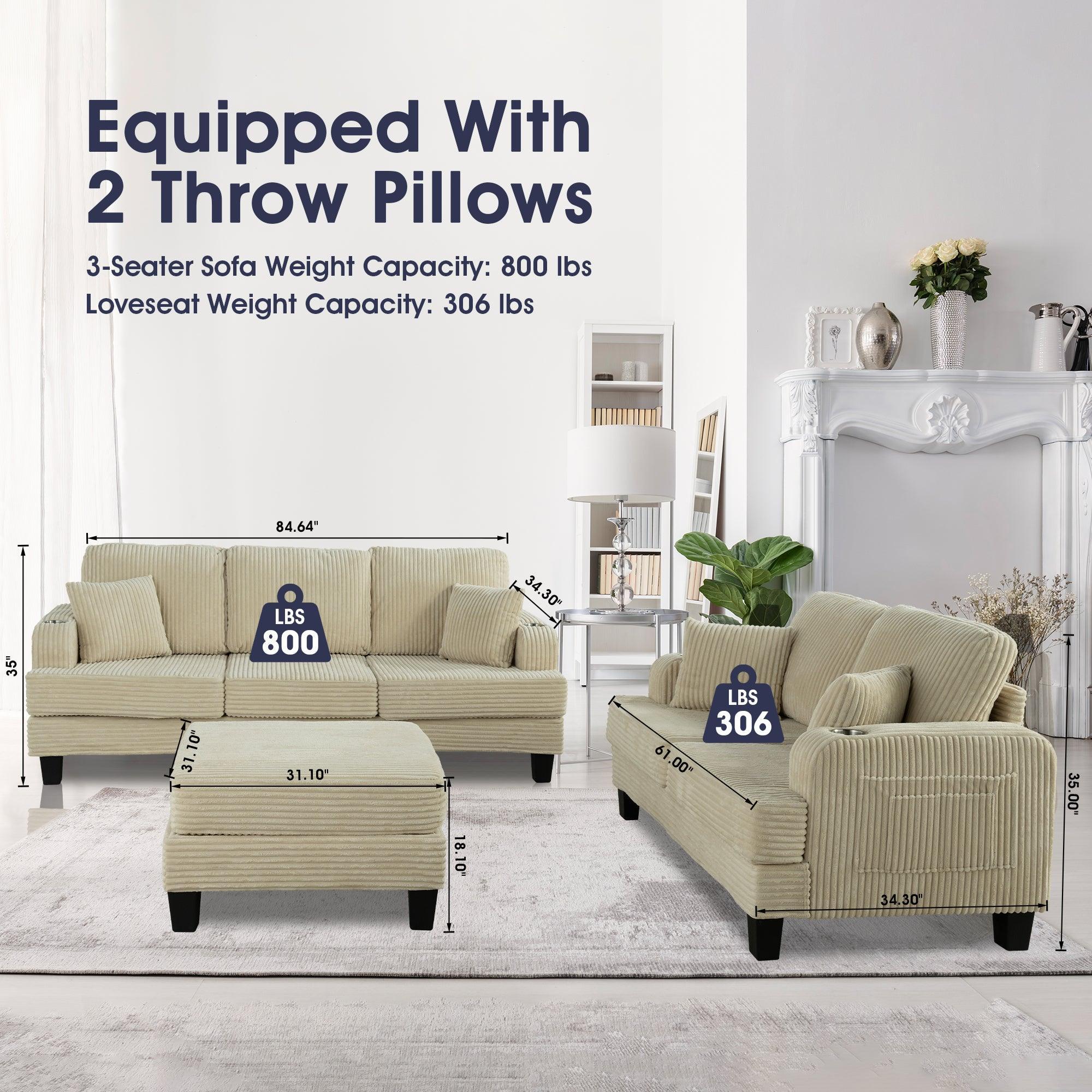Beige Sofa and Loveseat Set with Storage Ottoman and USB Charging