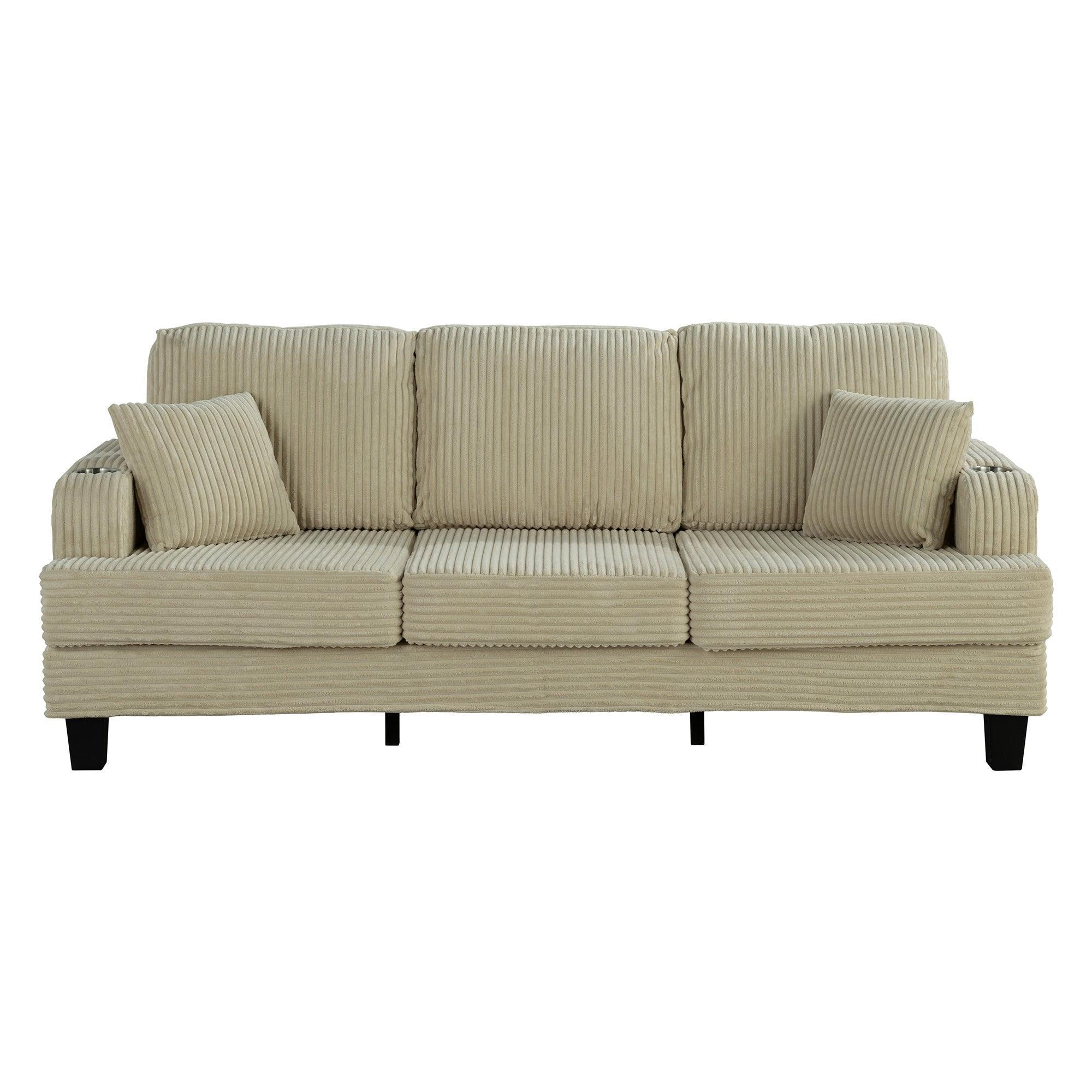 Beige Sofa and Loveseat Set with Storage Ottoman and USB Charging