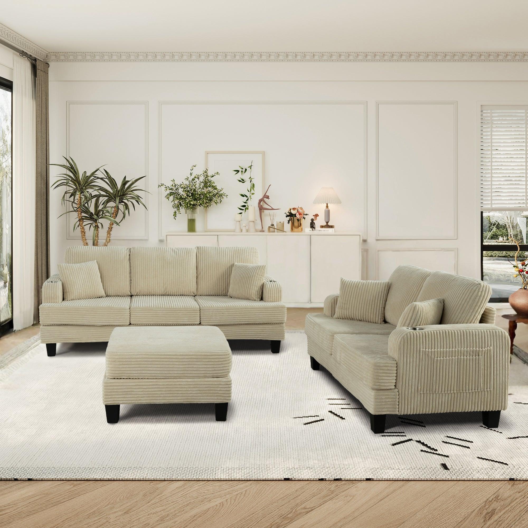 Beige Sofa and Loveseat Set with Storage Ottoman and USB Charging