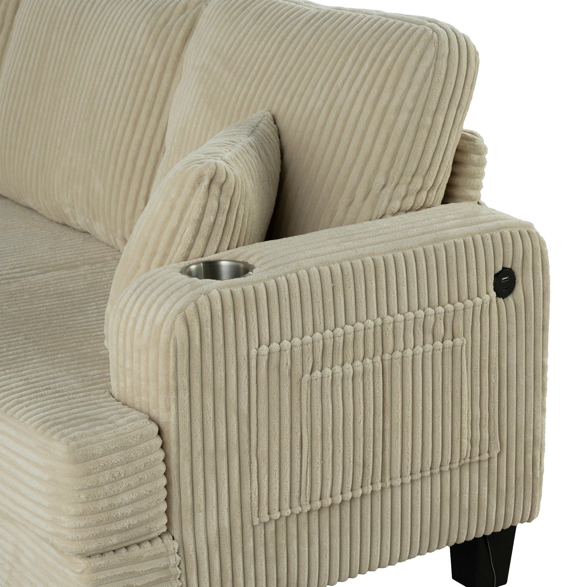 Beige Sofa and Loveseat Set with Storage Ottoman and USB Charging