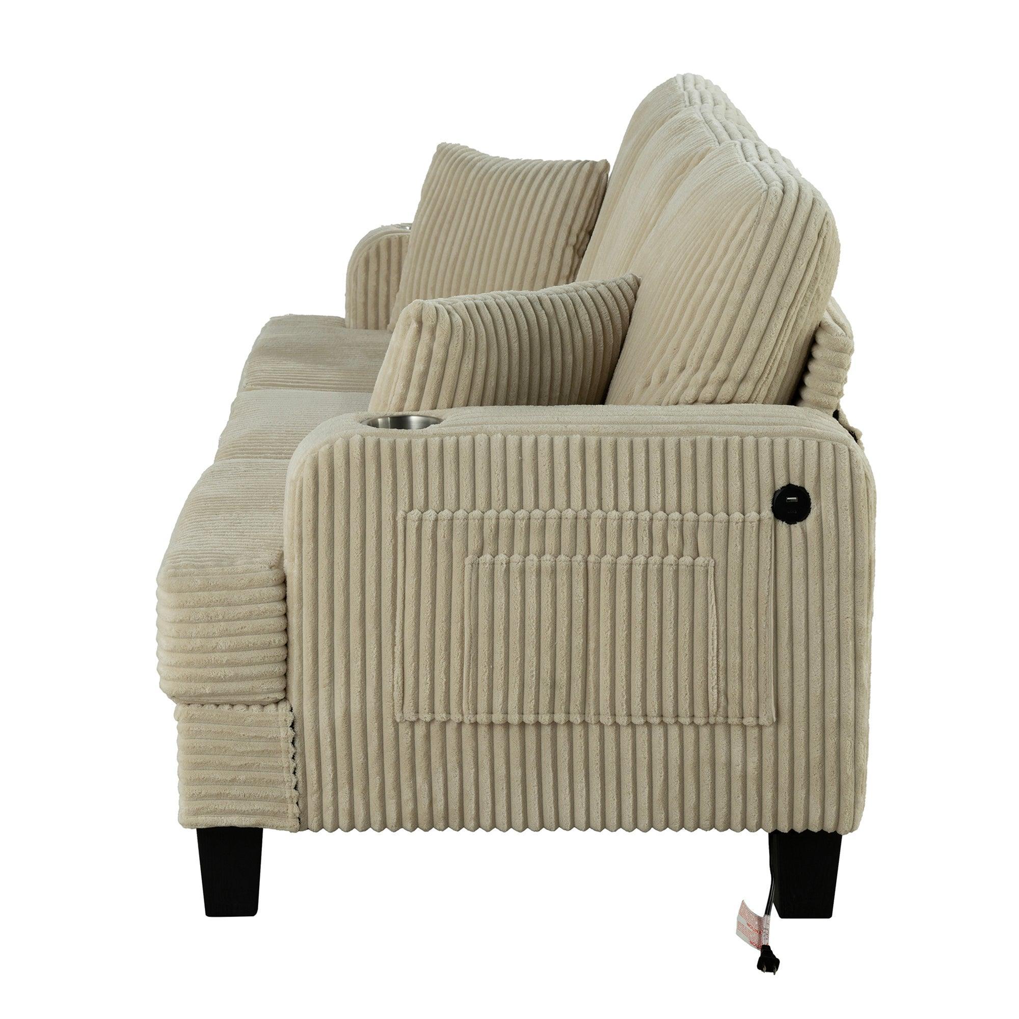 Beige Sofa and Loveseat Set with Storage Ottoman and USB Charging