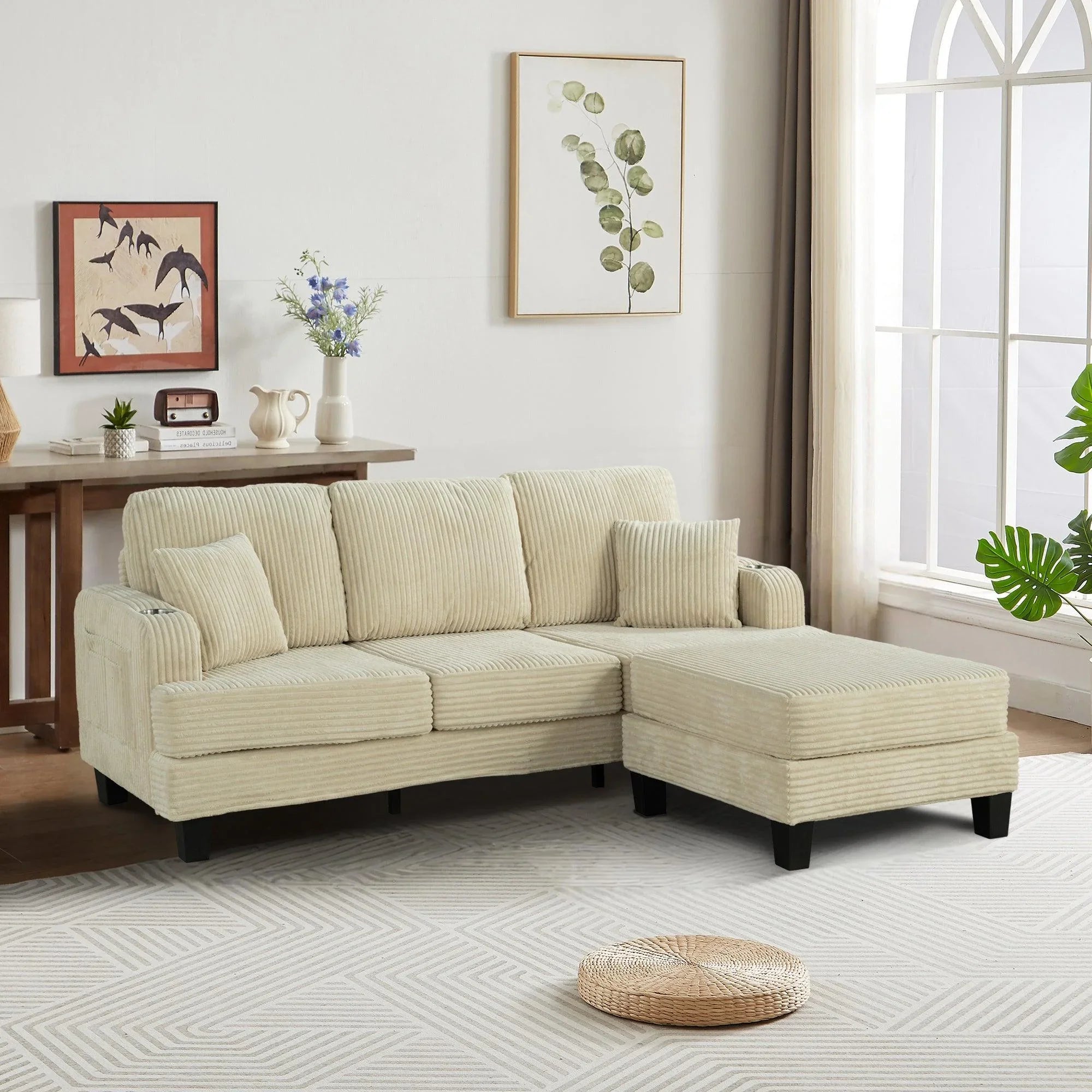 Beige Sofa and Loveseat Set with Storage Ottoman and USB Charging