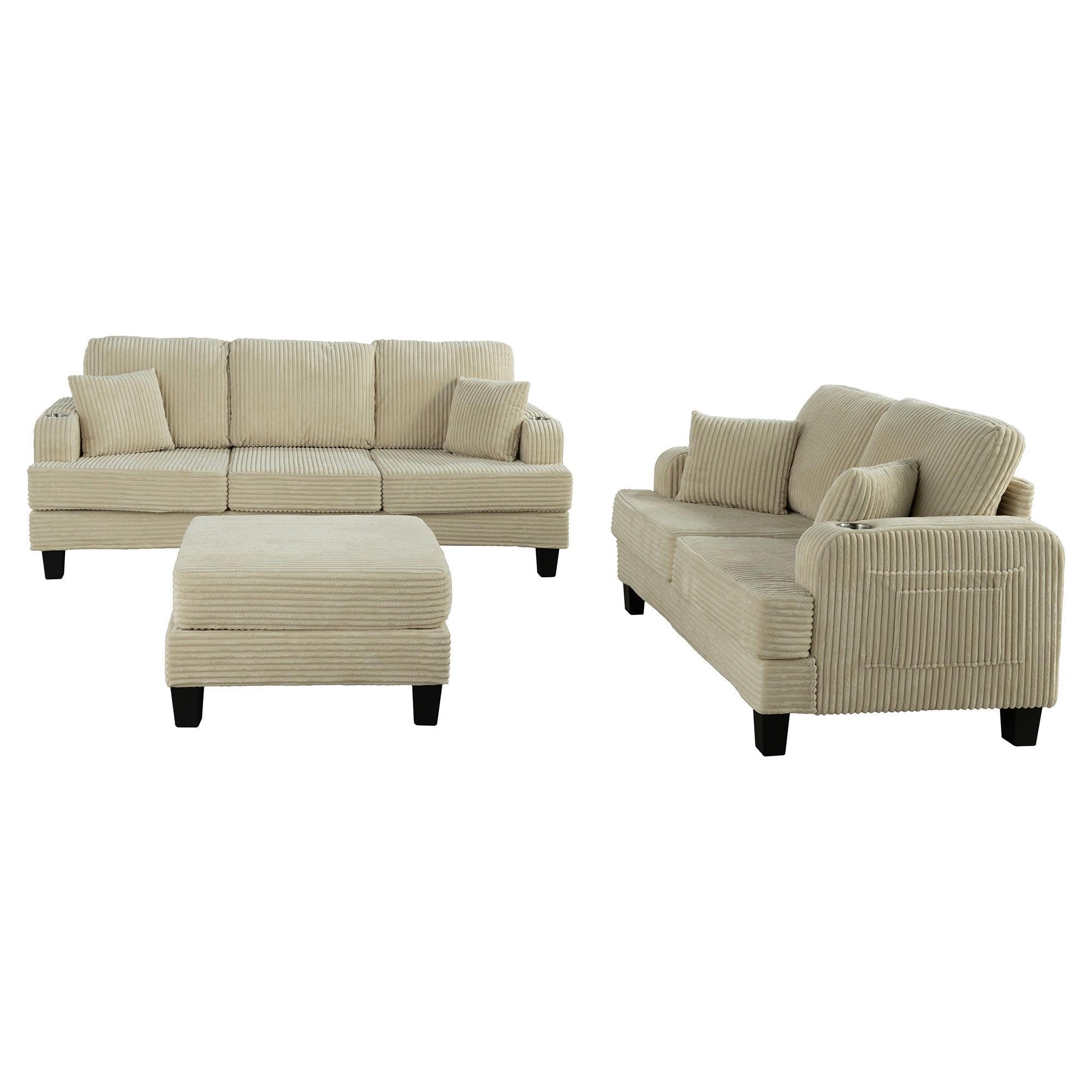 Beige Sofa and Loveseat Set with Storage Ottoman and USB Charging