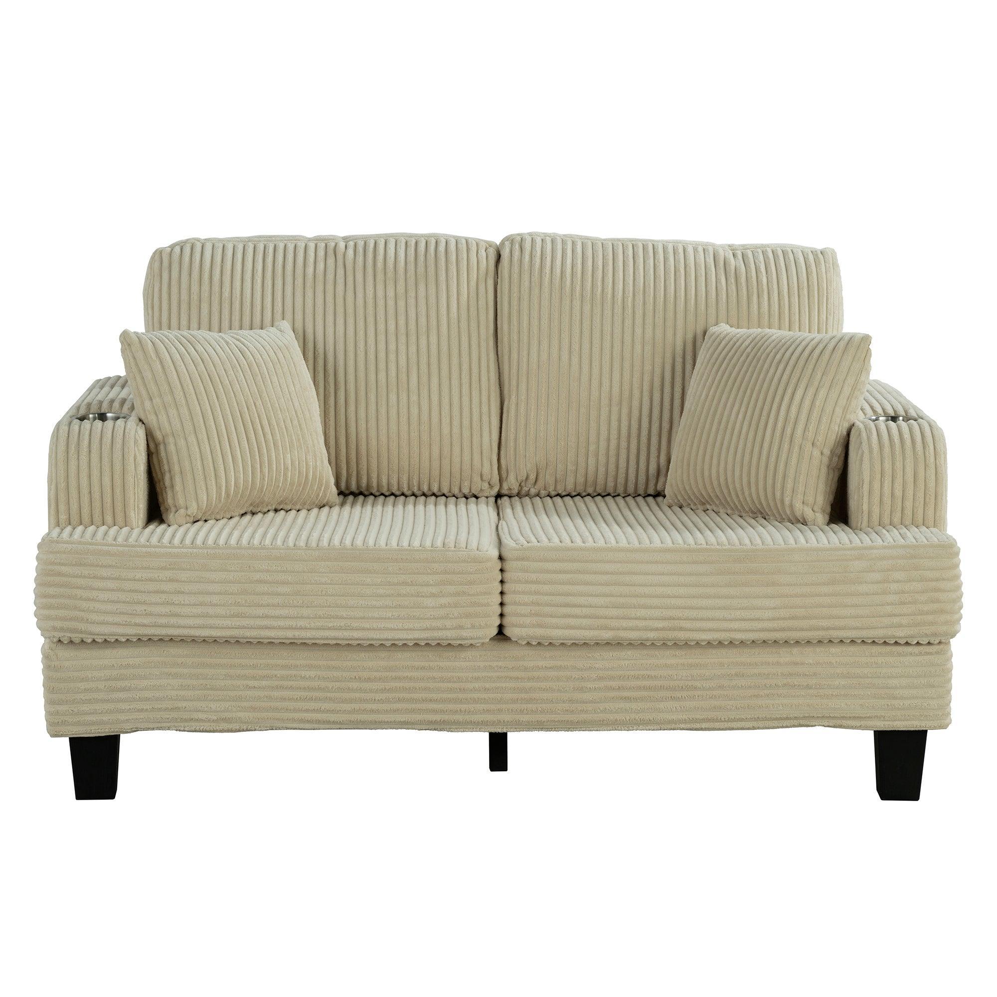 Beige Sofa and Loveseat Set with Storage Ottoman and USB Charging