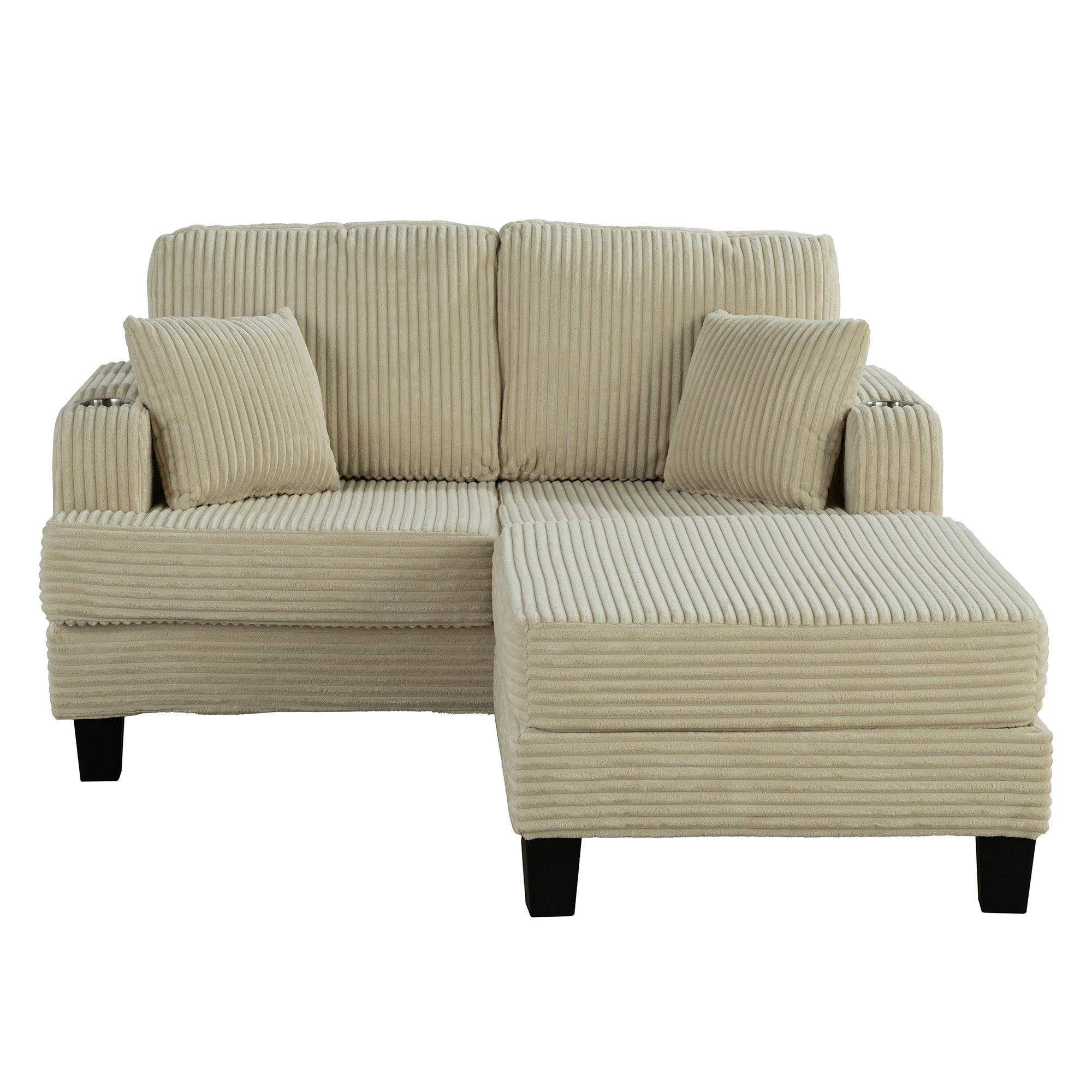 Beige Sofa and Loveseat Set with Storage Ottoman and USB Charging