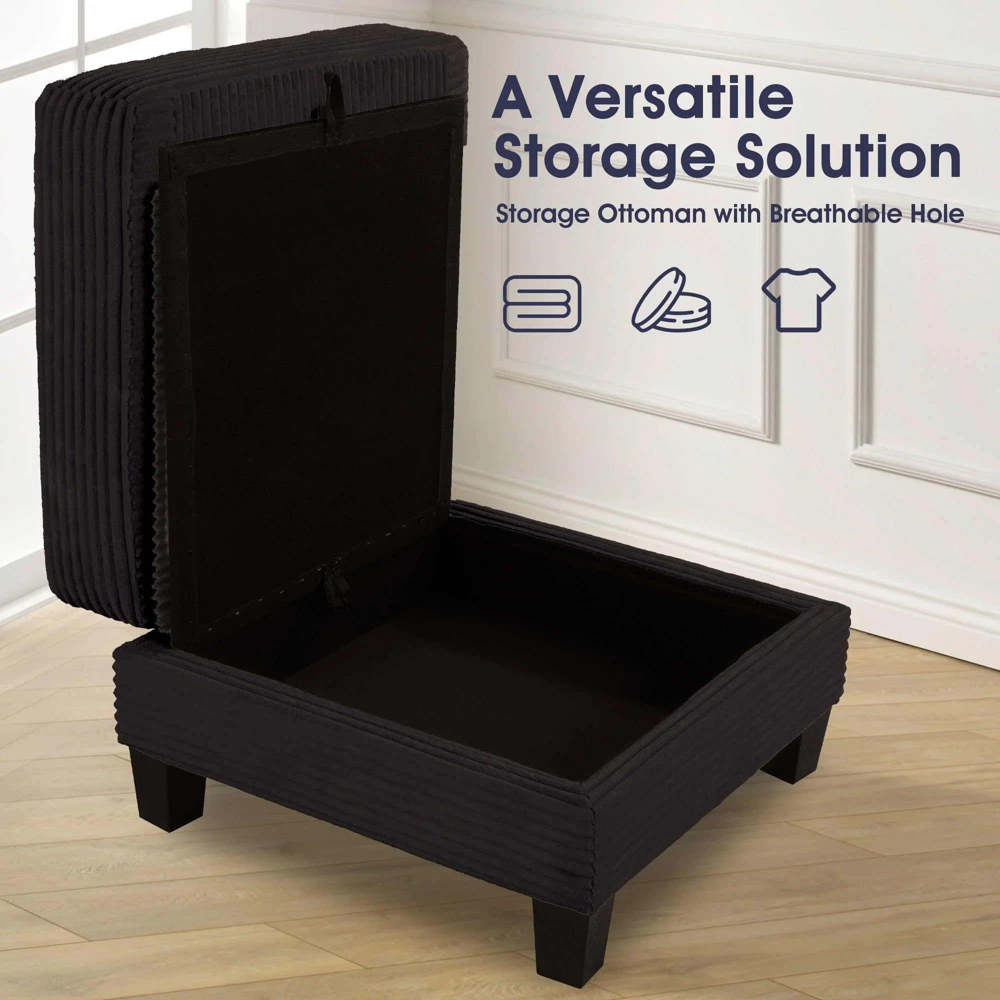Black Sofa and Loveseat Set with Storage Ottoman and USB Charging