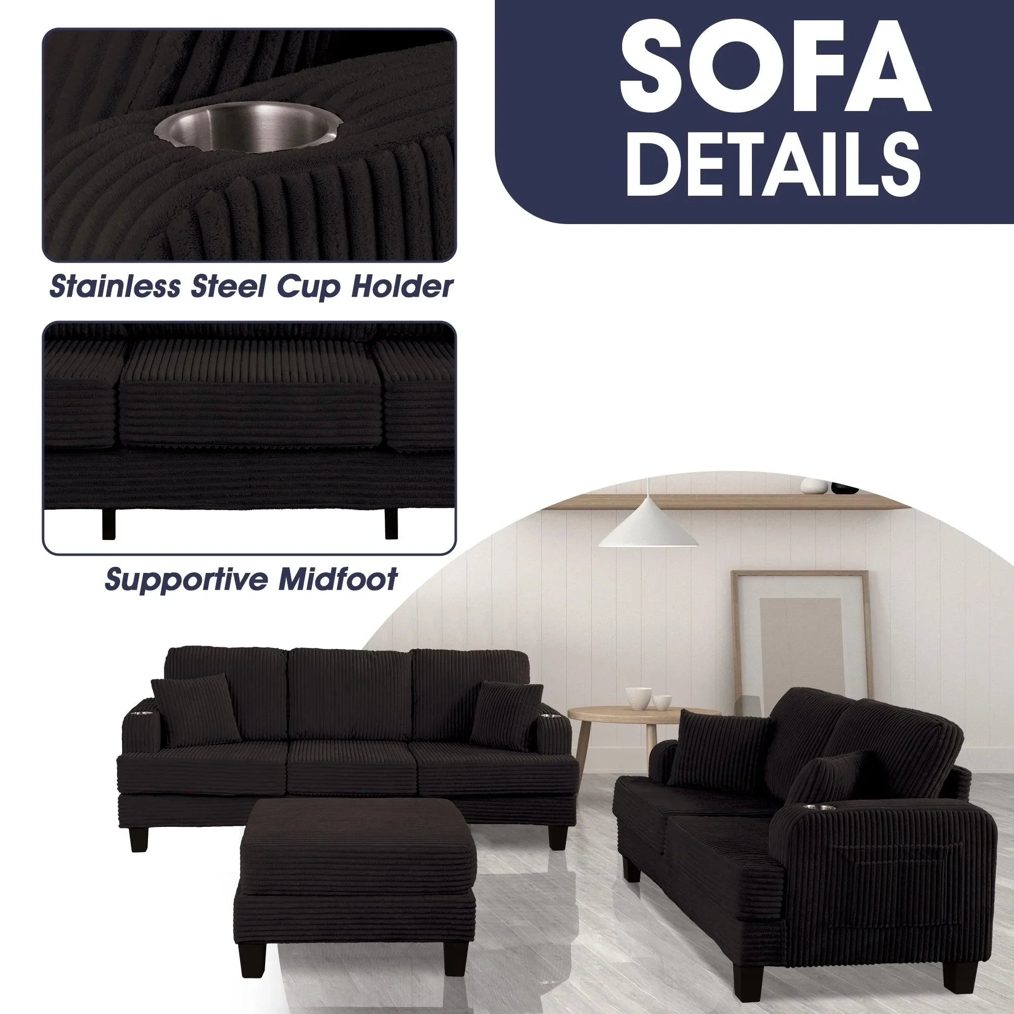 Black Sofa and Loveseat Set with Storage Ottoman and USB Charging
