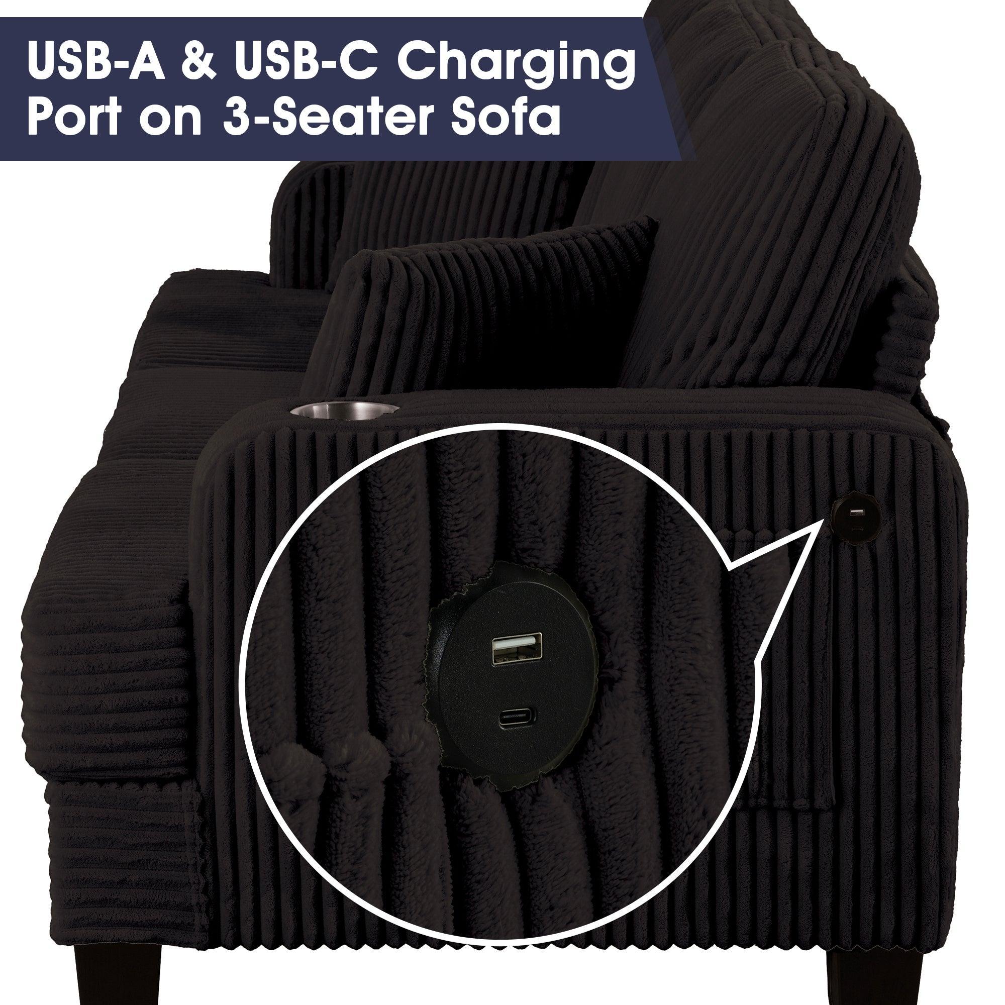 Black Sofa and Loveseat Set with Storage Ottoman and USB Charging