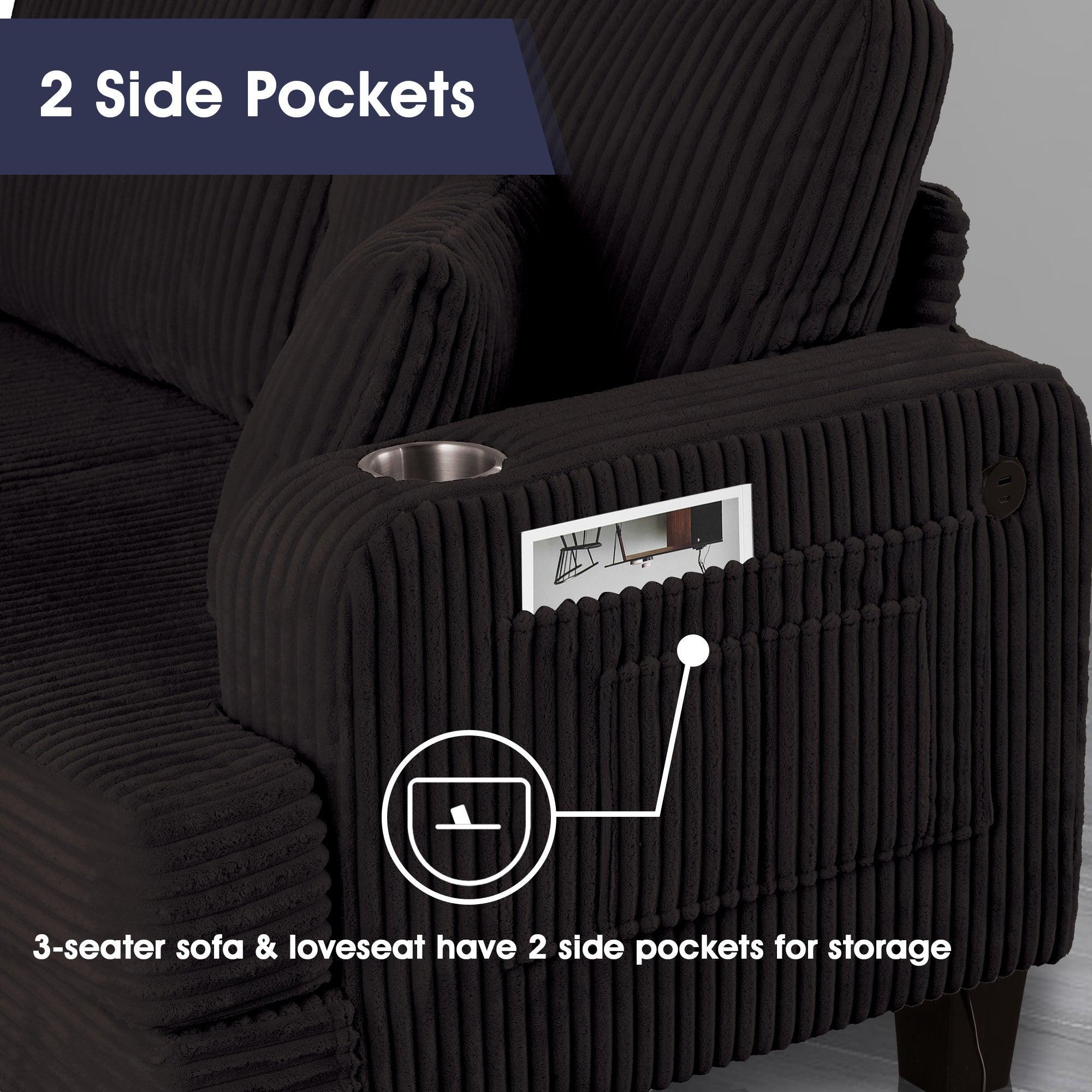 Black Sofa and Loveseat Set with Storage Ottoman and USB Charging