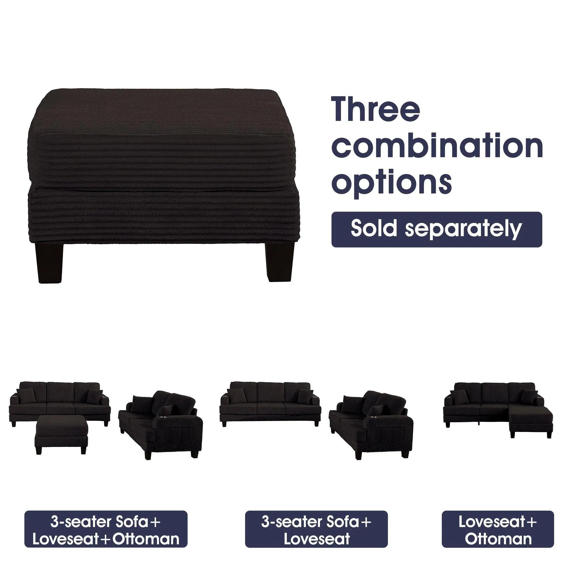 Black Sofa and Loveseat Set with Storage Ottoman and USB Charging