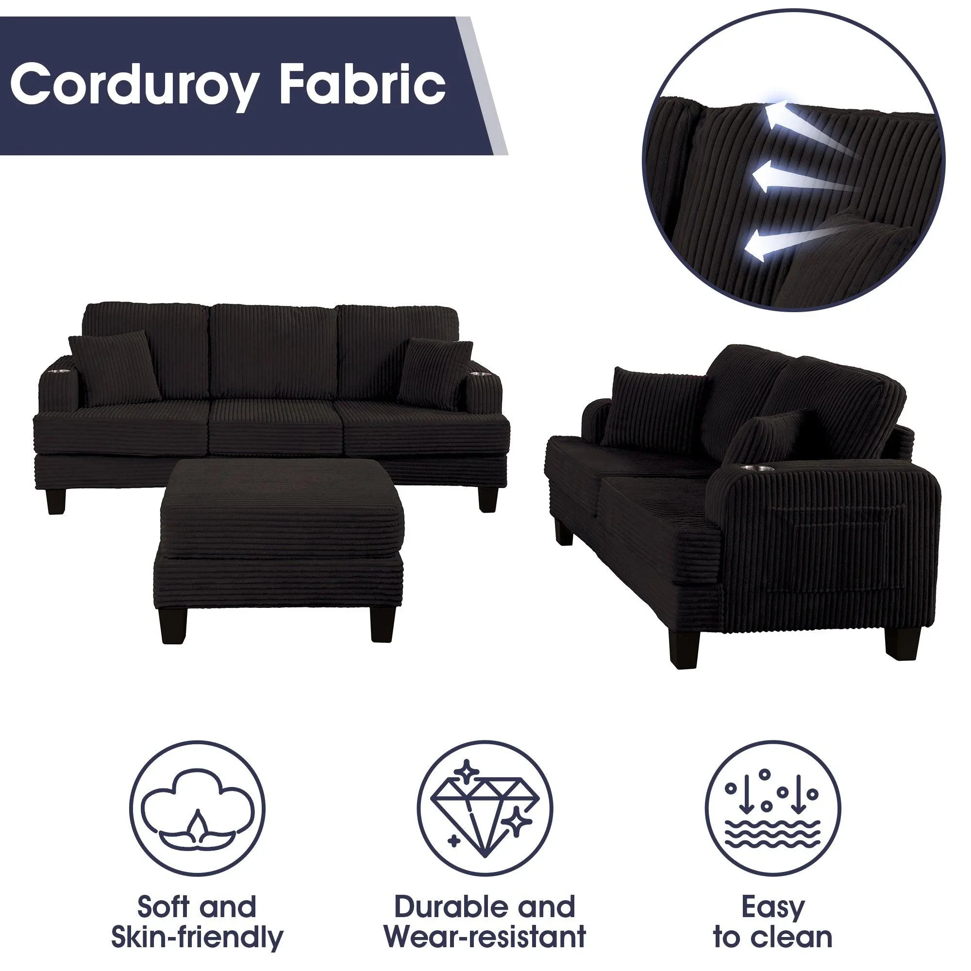 Black Sofa and Loveseat Set with Storage Ottoman and USB Charging