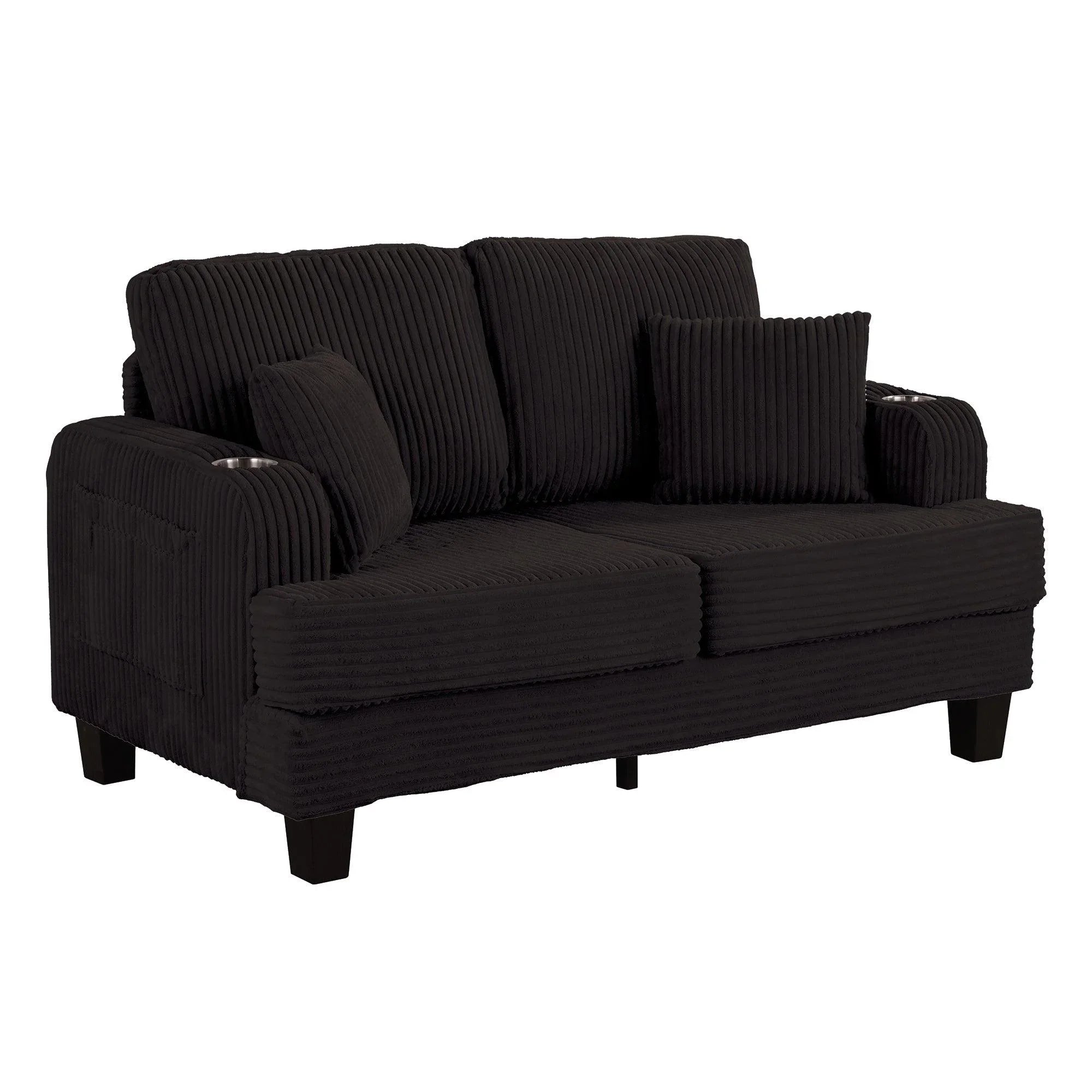 Black Sofa and Loveseat Set with Storage Ottoman and USB Charging