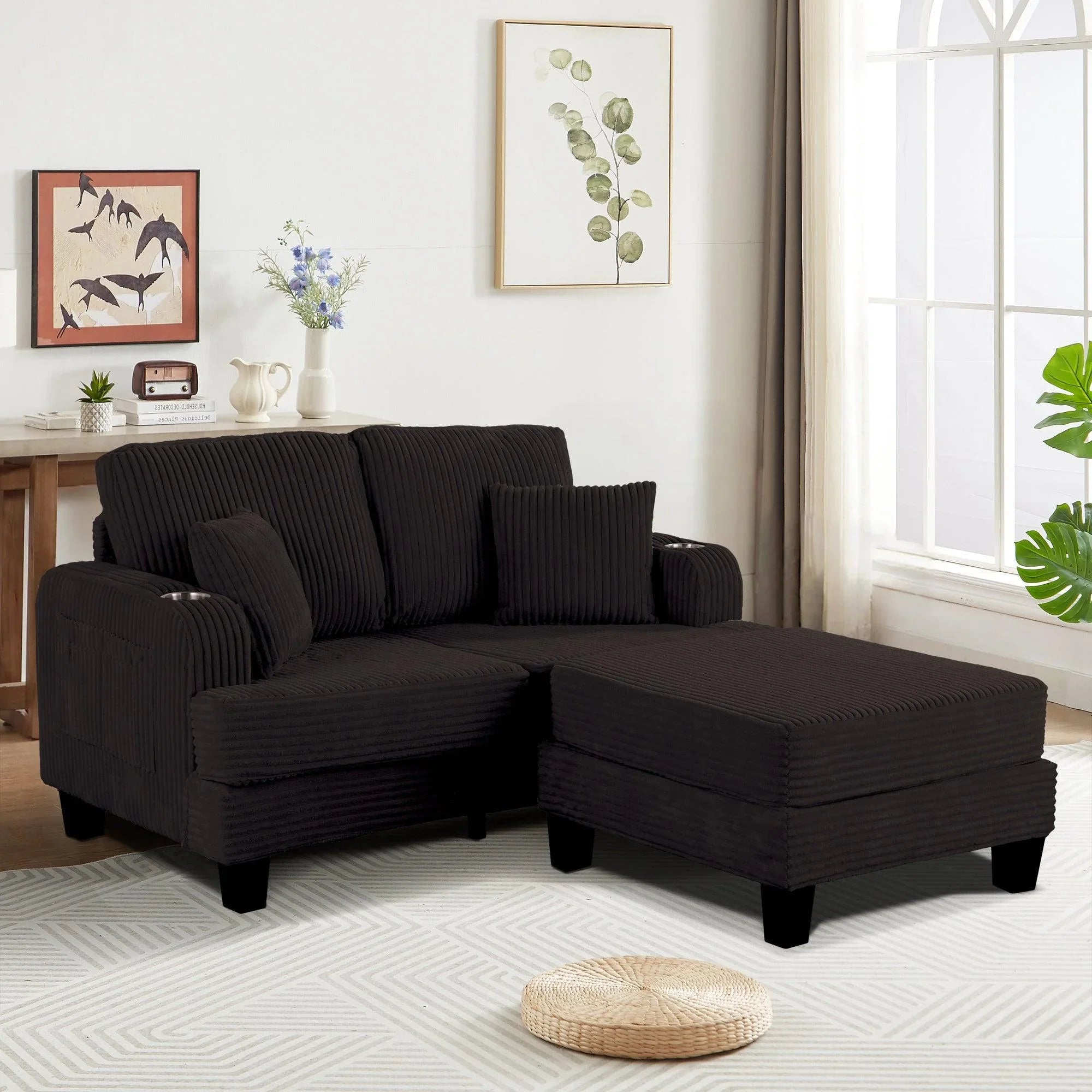Black Sofa and Loveseat Set with Storage Ottoman and USB Charging