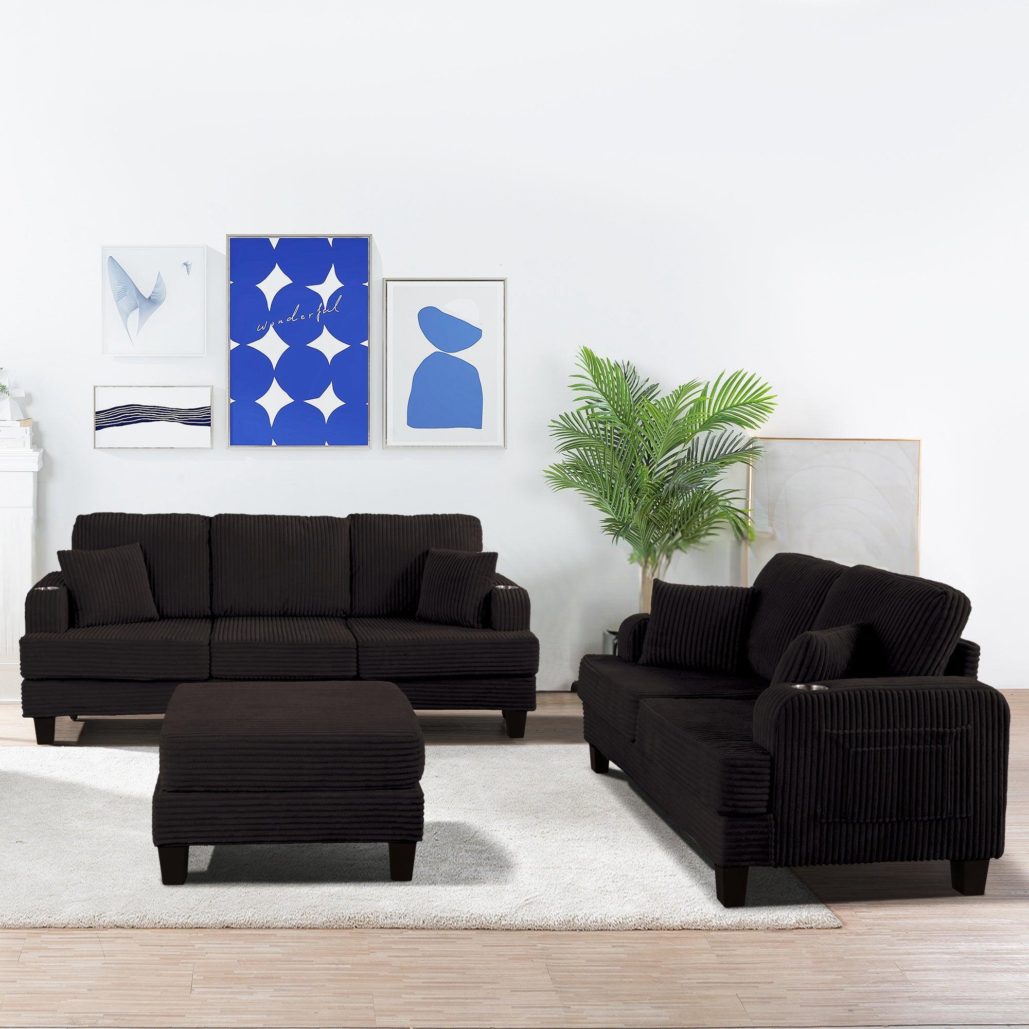 Black Sofa and Loveseat Set with Storage Ottoman and USB Charging
