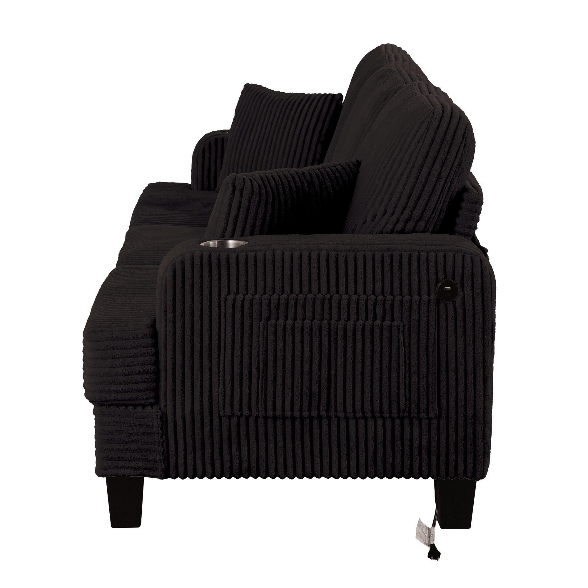 Black Sofa and Loveseat Set with Storage Ottoman and USB Charging