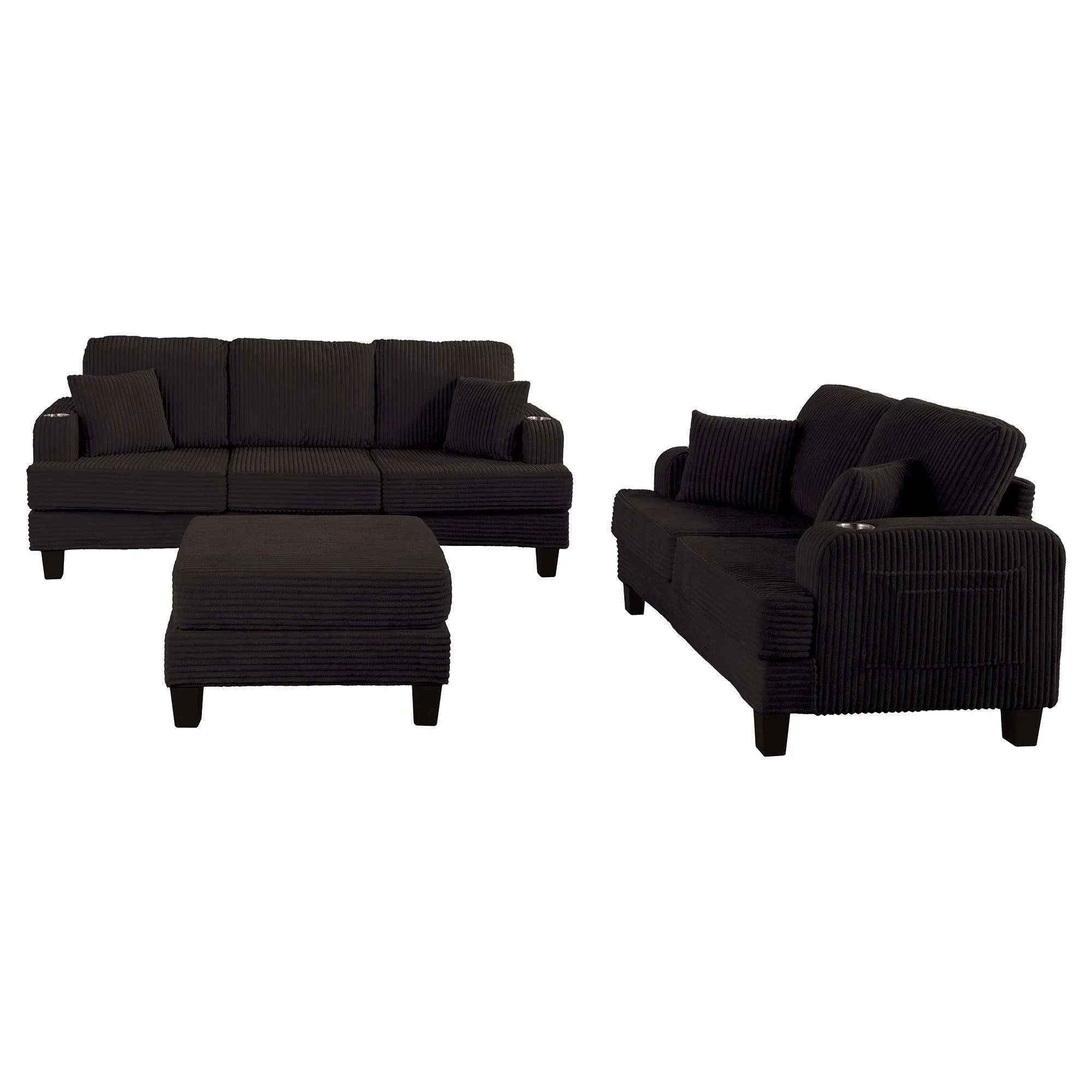 Black Sofa and Loveseat Set with Storage Ottoman and USB Charging