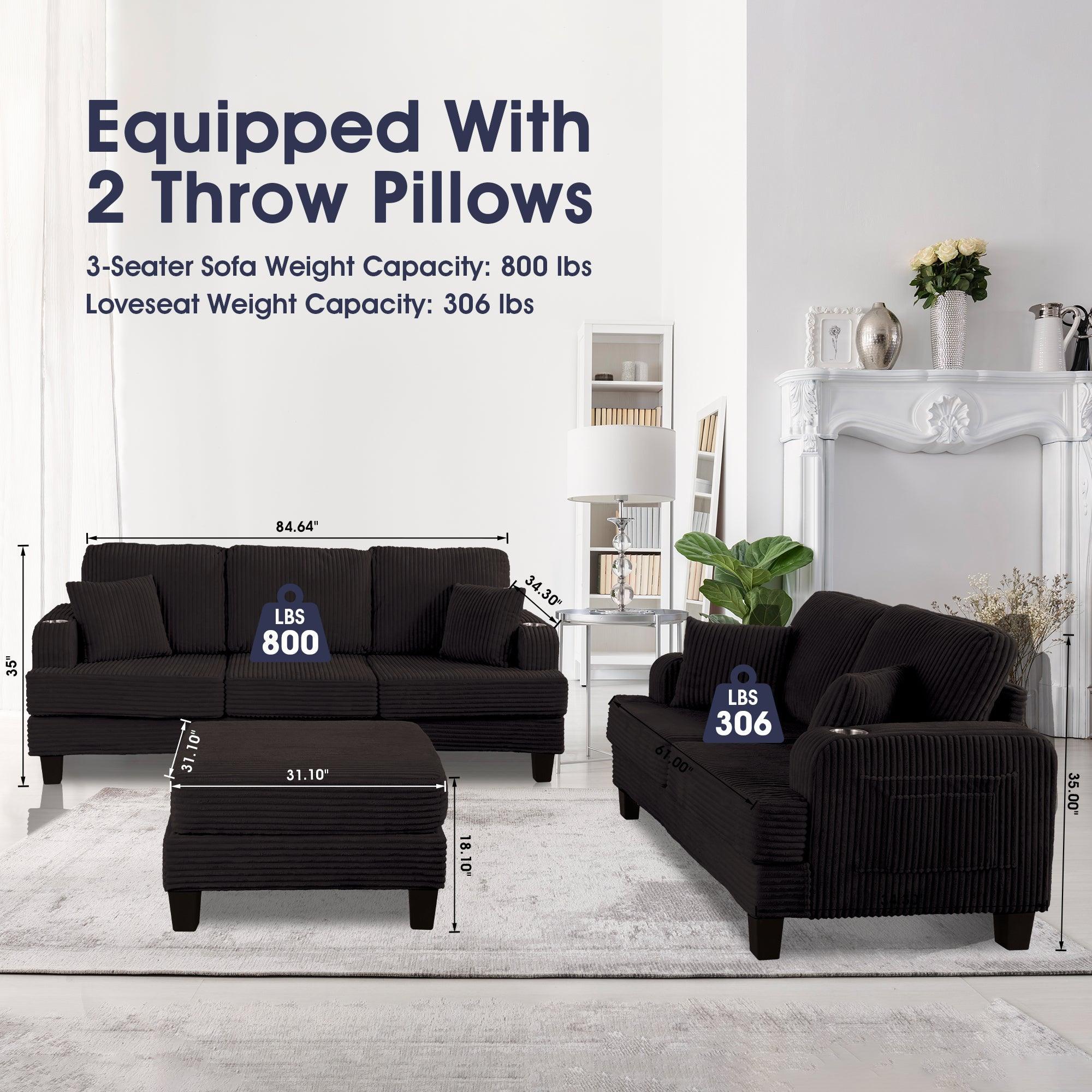 Black Sofa and Loveseat Set with Storage Ottoman and USB Charging