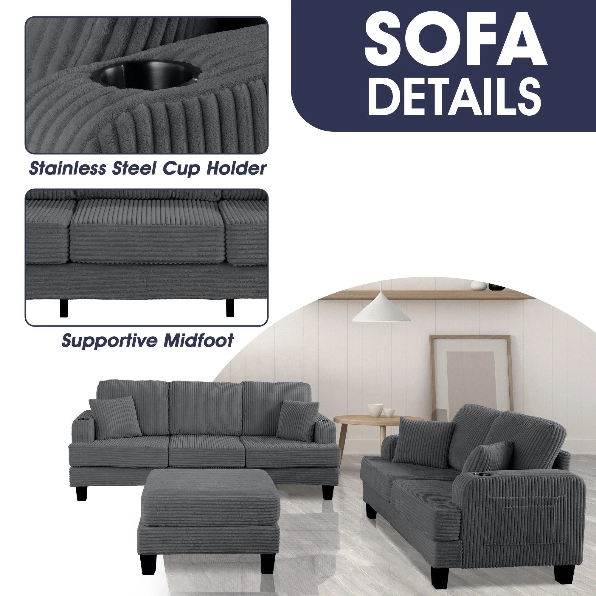 3-Piece Sofa Set with USB Ports Storage Ottoman and Pillows
