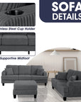 3-Piece Sofa Set with USB Ports Storage Ottoman and Pillows