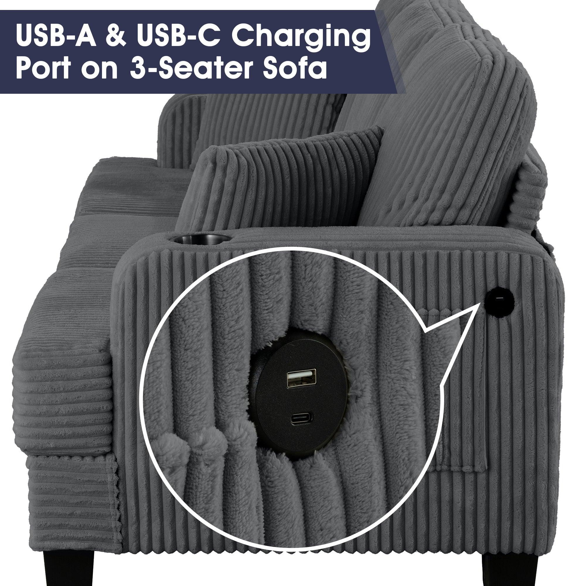 3-Piece Sofa Set with USB Ports Storage Ottoman and Pillows