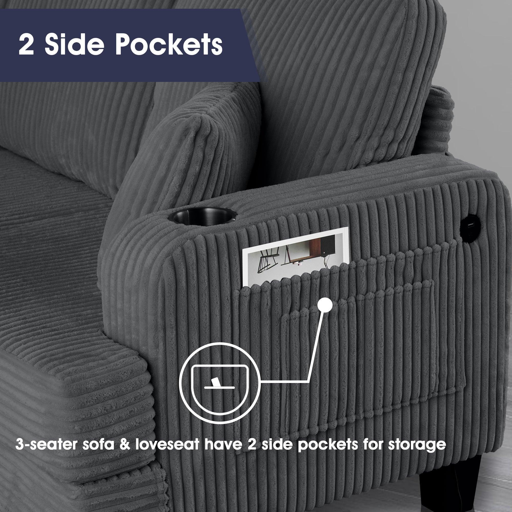 3-Piece Sofa Set with USB Ports Storage Ottoman and Pillows