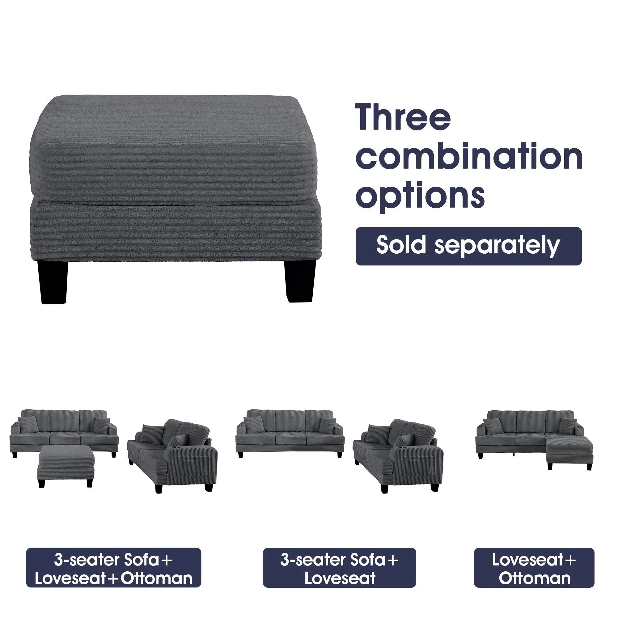 3-Piece Sofa Set with USB Ports Storage Ottoman and Pillows